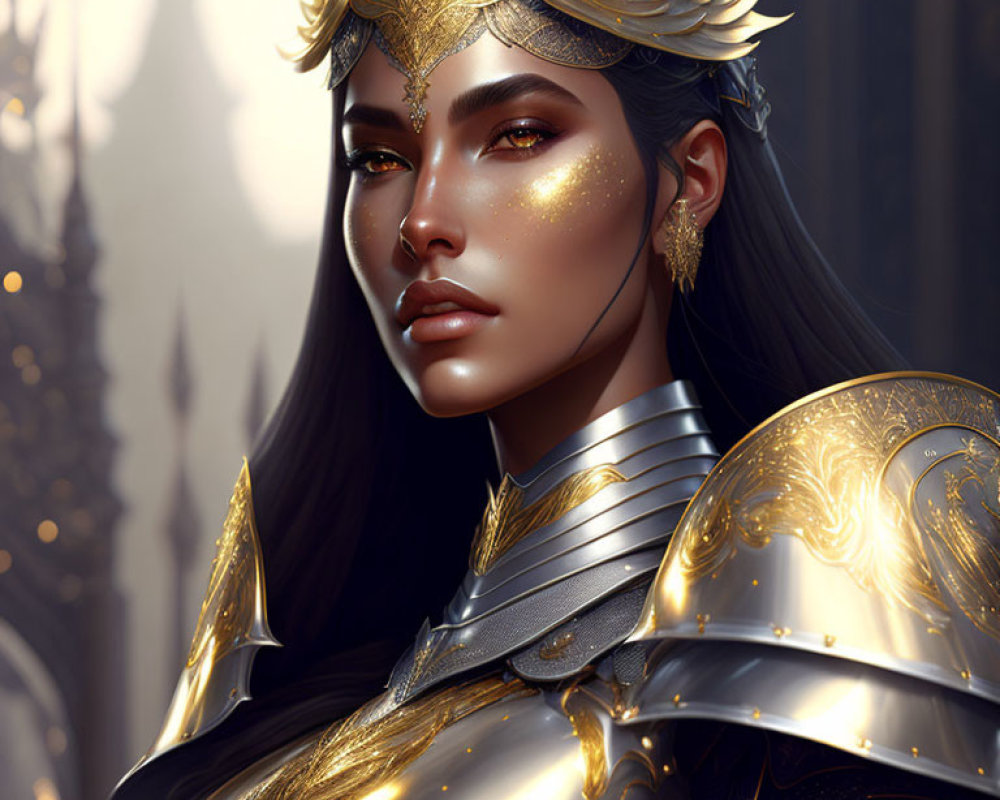 Warrior woman portrait in golden armor and helmet with poised expression