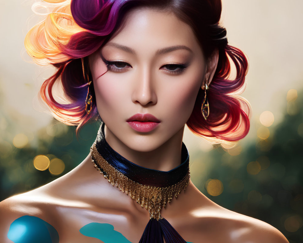 Colorful Wavy Hair Woman with Choker and Fringed Accessory