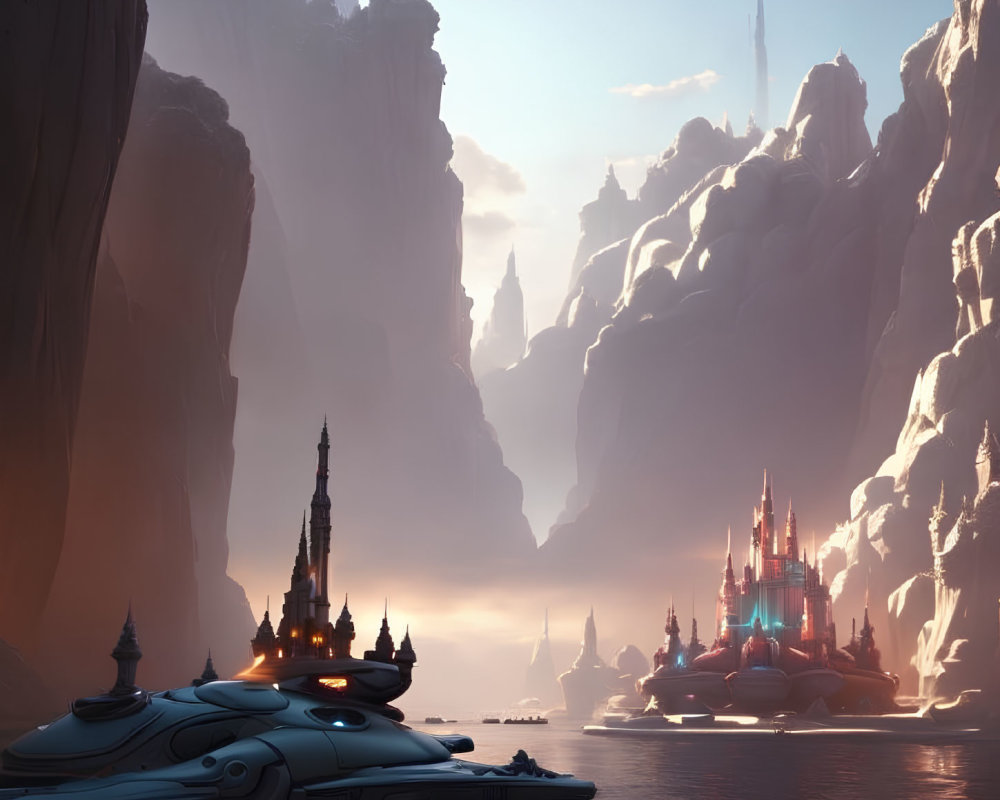 Futuristic landscape with towering rock formations and advanced structures