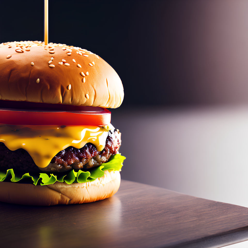 Classic cheeseburger with lettuce, tomato, melted cheddar on sesame bun