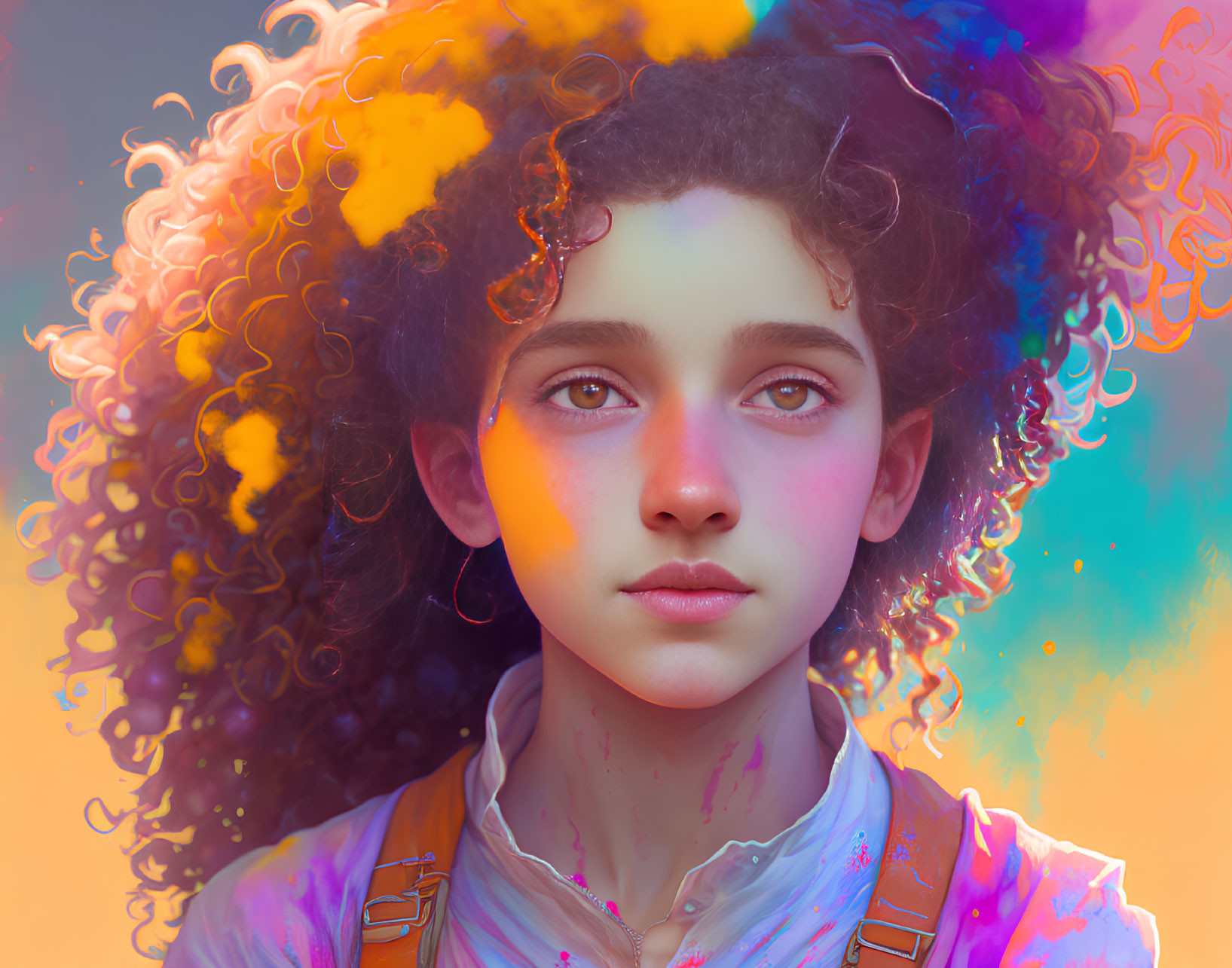 Colorful Smoke Surrounds Young Person with Curly Hair