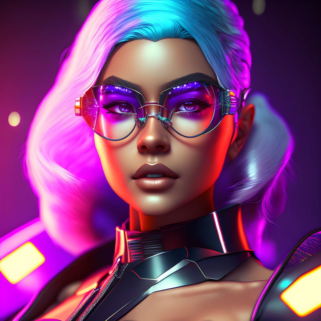 Colorful digital artwork: Woman with blue hair, futuristic glasses, neon attire on purple background