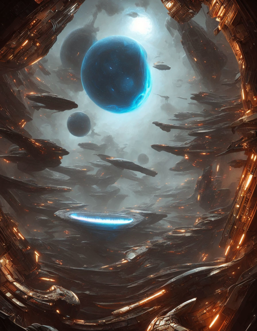 Blue planets and glowing craft in circular structure with floating debris