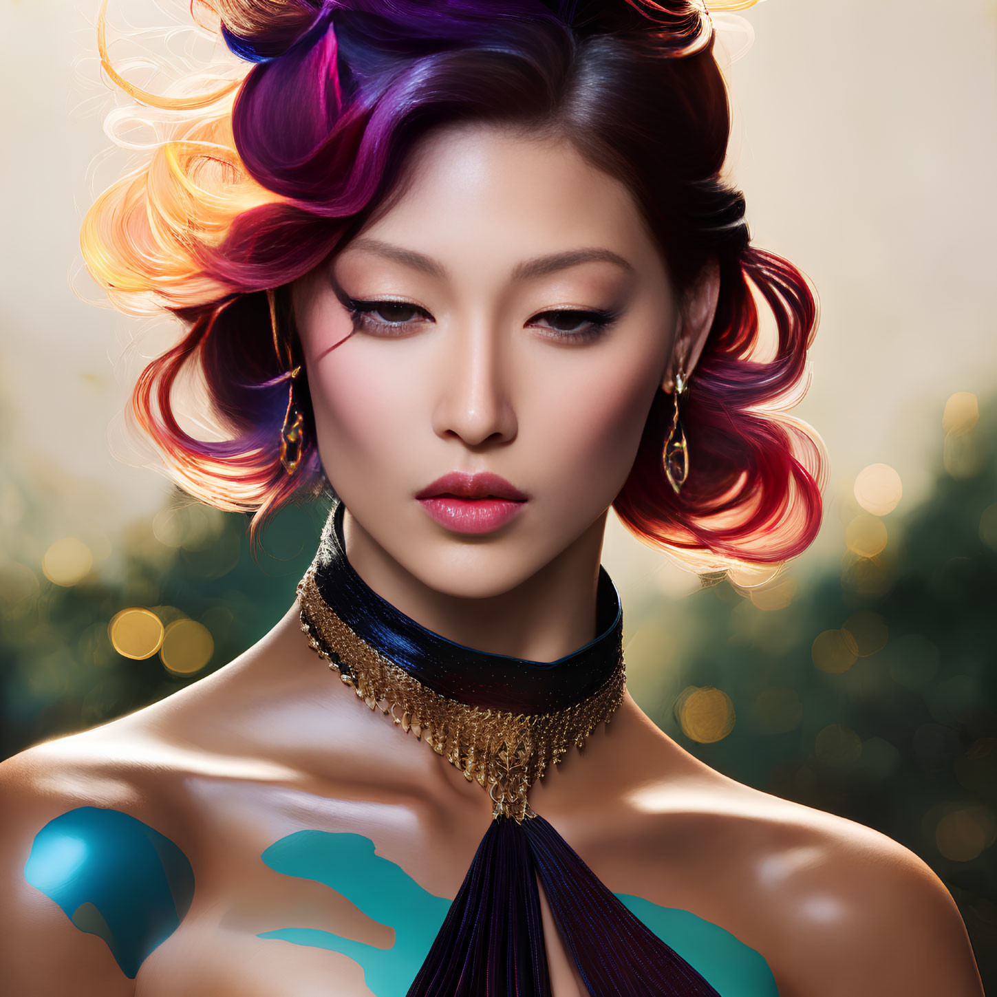 Colorful Wavy Hair Woman with Choker and Fringed Accessory