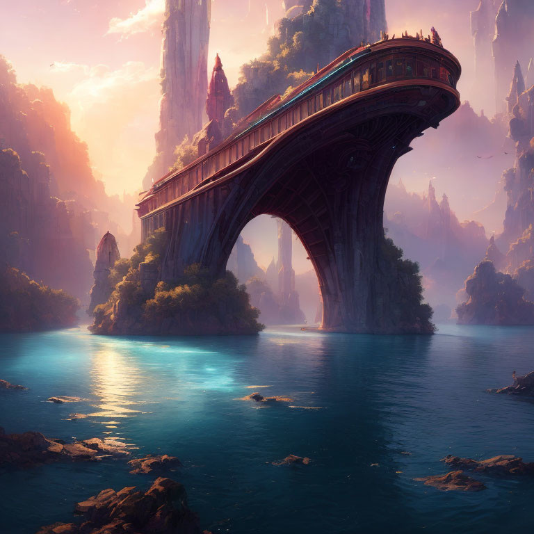 Majestic ornate bridge over tranquil river and cliffs in fantasy scene