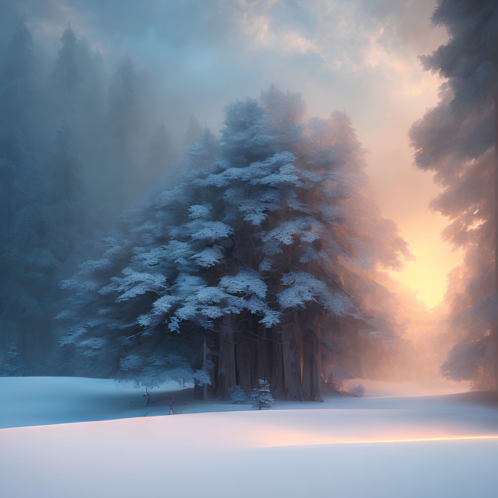 Tranquil winter forest with snow-covered trees and soft sunlight