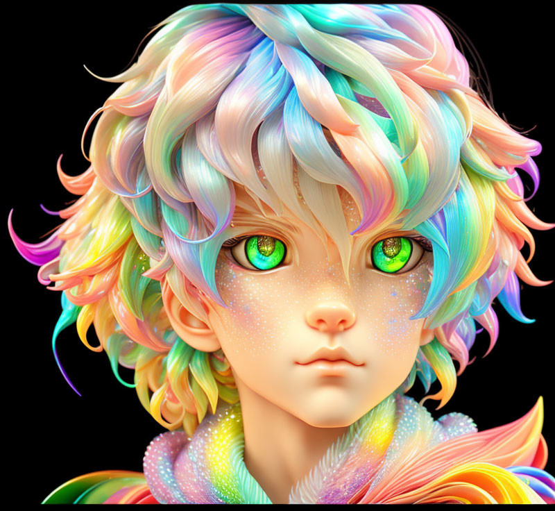 Colorful character with multicolored hair and green eyes on dark backdrop