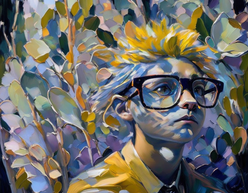 Vibrant painting of person with glasses in blue and yellow foliage