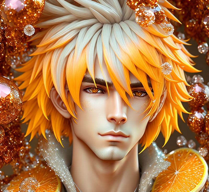 Portrait of a person with orange hair, golden eyes, autumn decorations