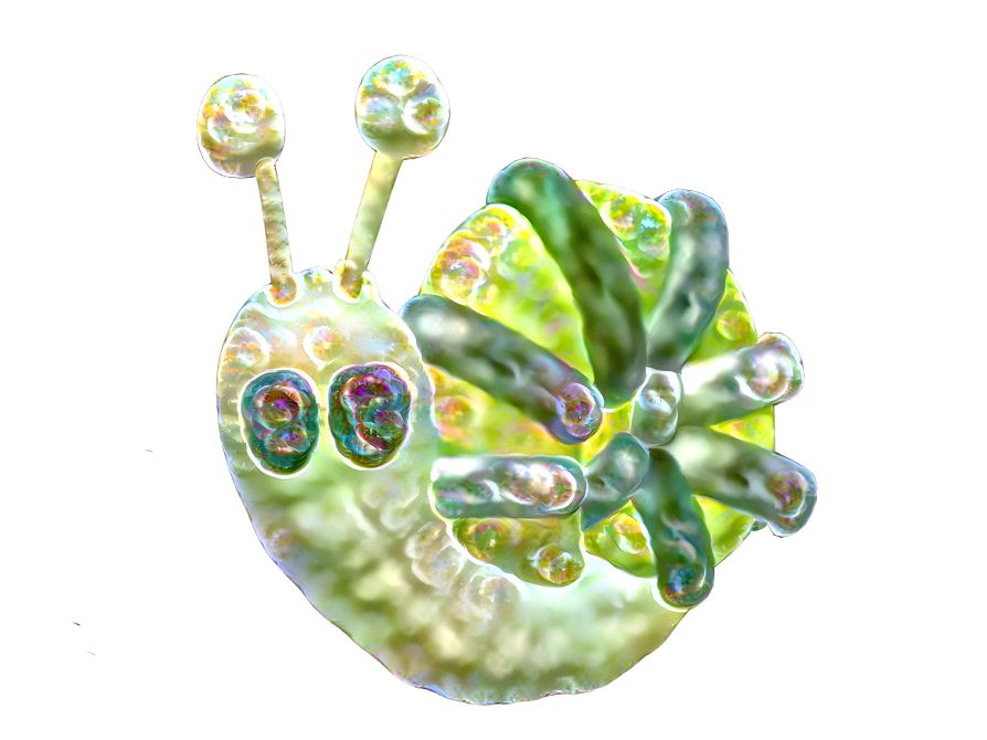 yellow snail but green and made from bubbles