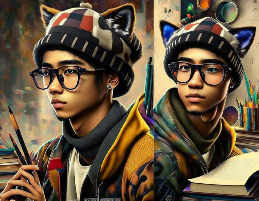 Digital artwork: Person with cat-like hat and glasses holding pencil, surrounded by art supplies on colorful backdrop