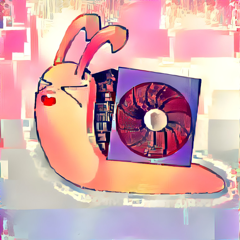 Computerfan snail rendered with pink houses