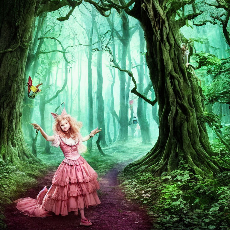 Person in Pink Dress with Cat Ears in Fantasy Forest with Whimsical Creatures