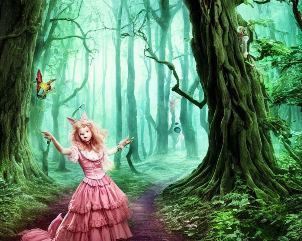 Person in Pink Dress with Cat Ears in Fantasy Forest with Whimsical Creatures