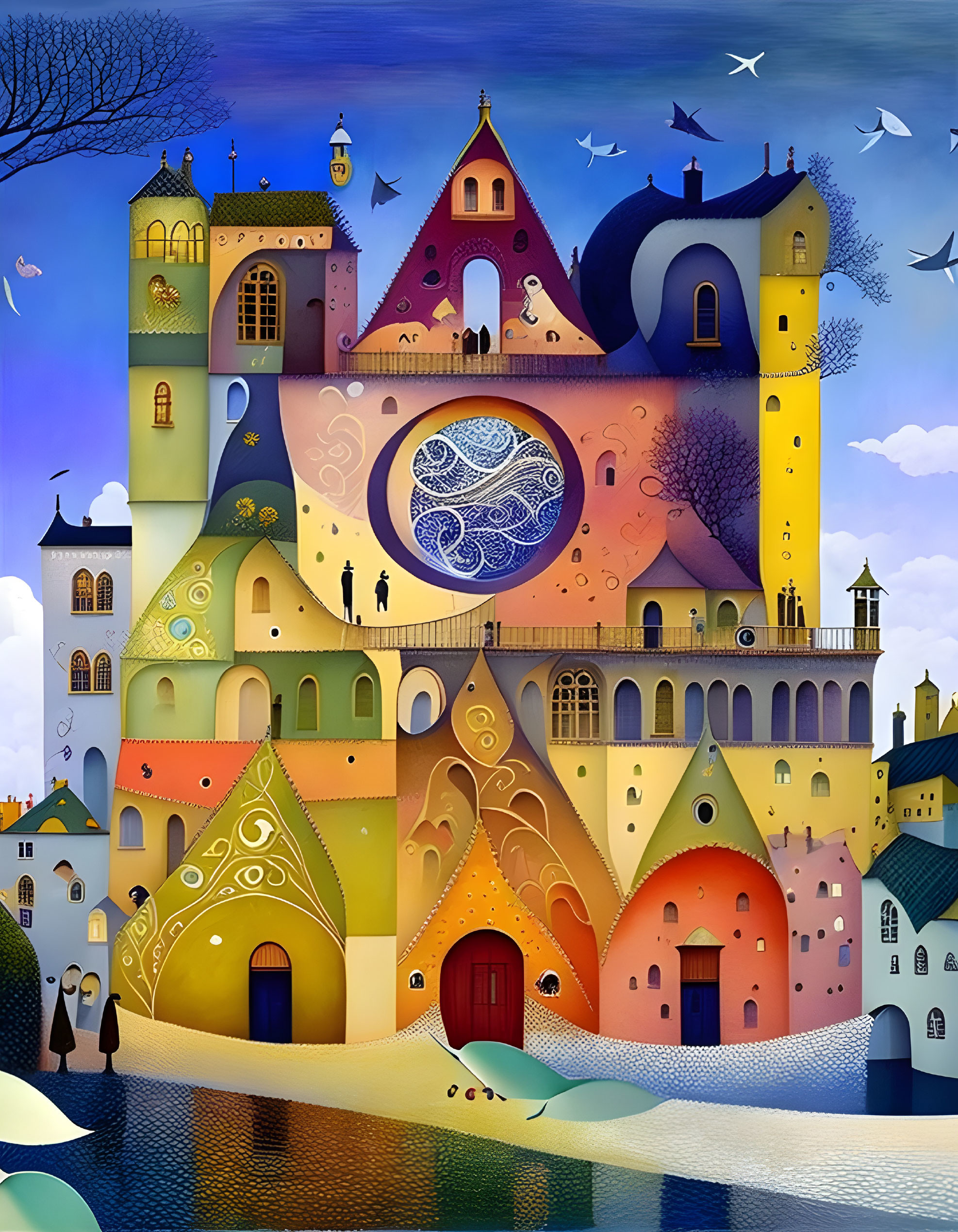 Colorful painting of fantastical village with moon, silhouettes, and birds