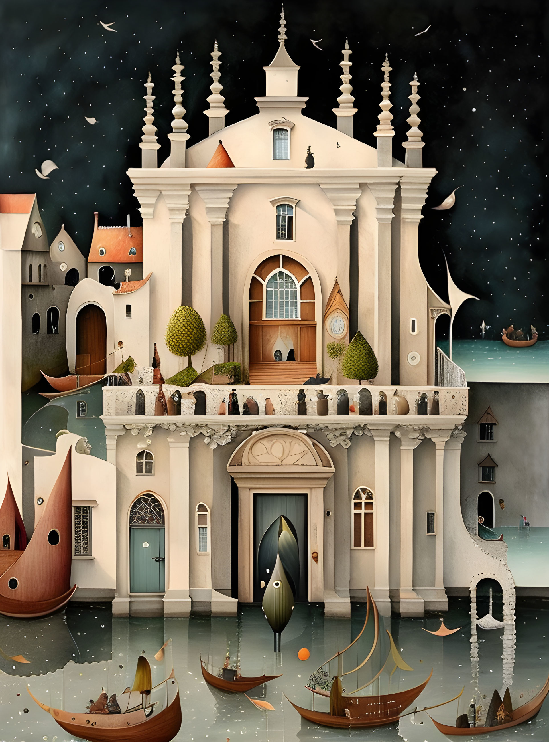 Fantastical building with boats on water under starry sky