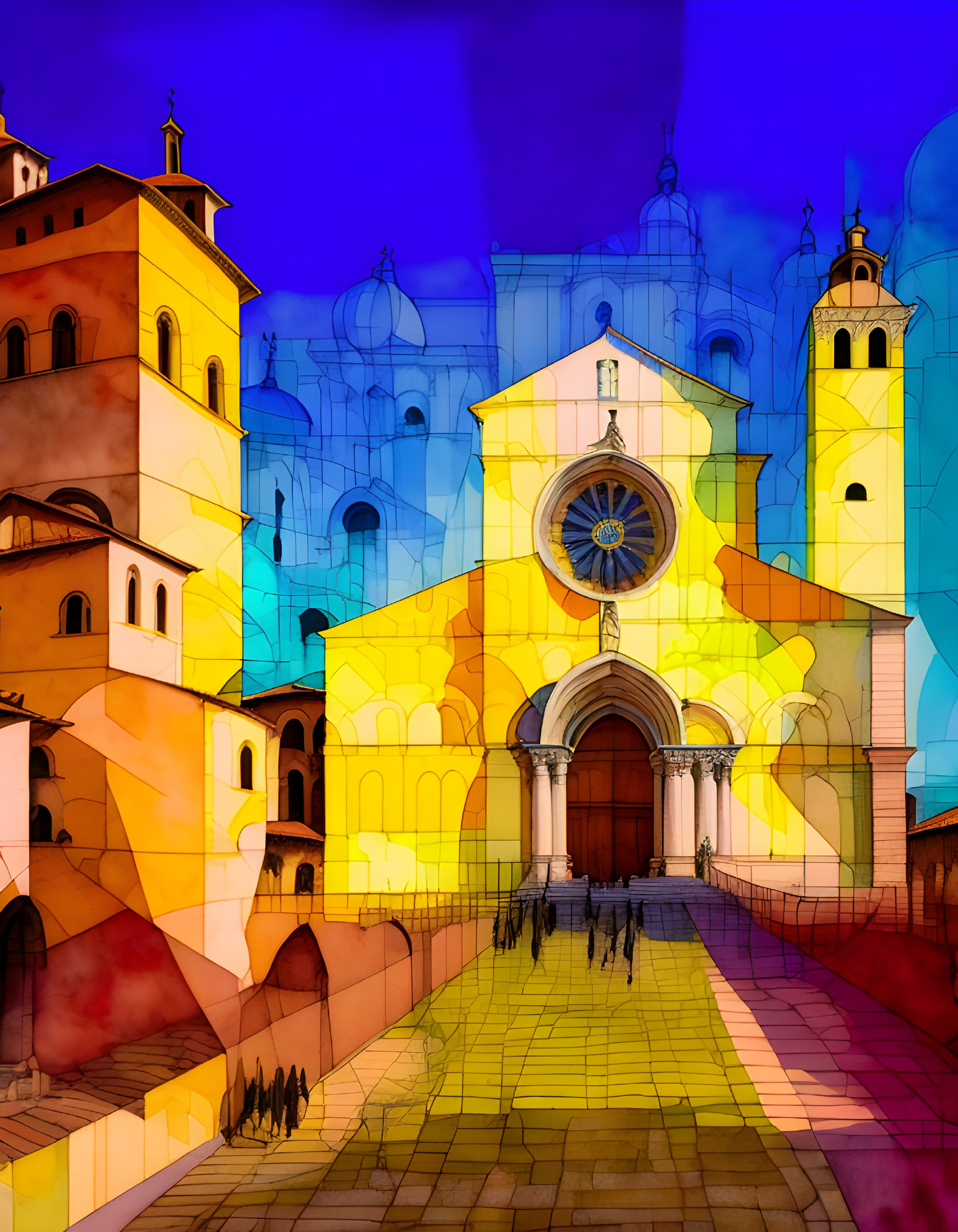 Colorful Illustration of Cathedral Square with Whimsical Sky