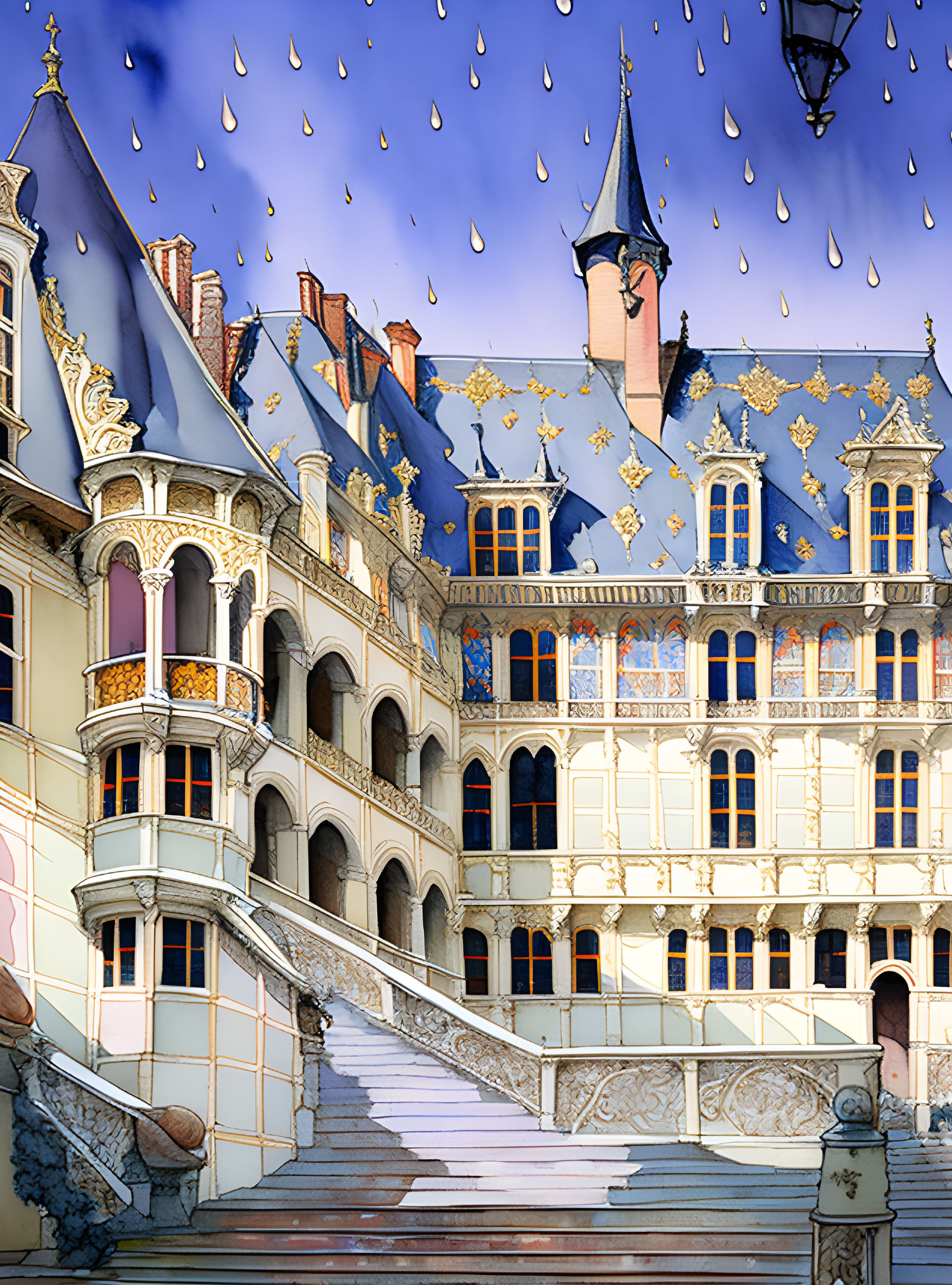 Ornate chateau under blue sky with raindrops