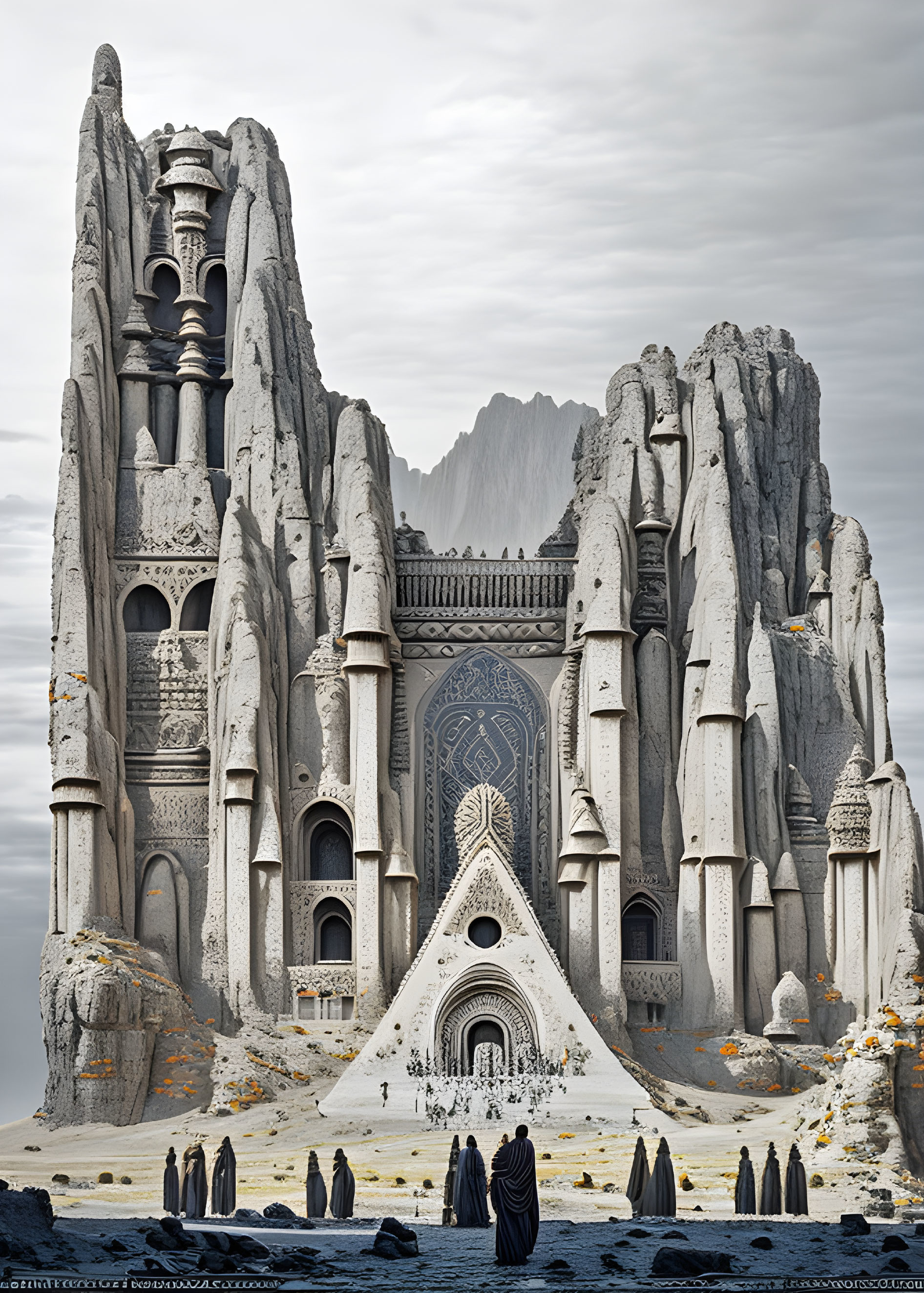 Majestic fantasy castle with elaborate towers on towering cliffs under a gloomy sky