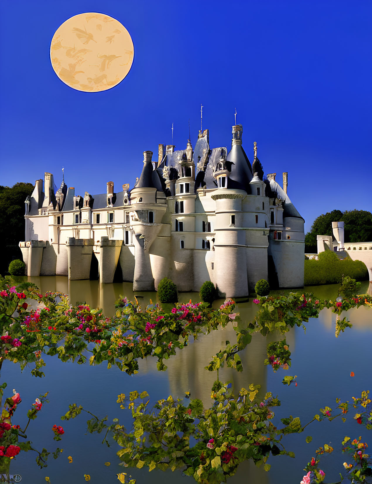 Château with spires reflected in water under yellow moon