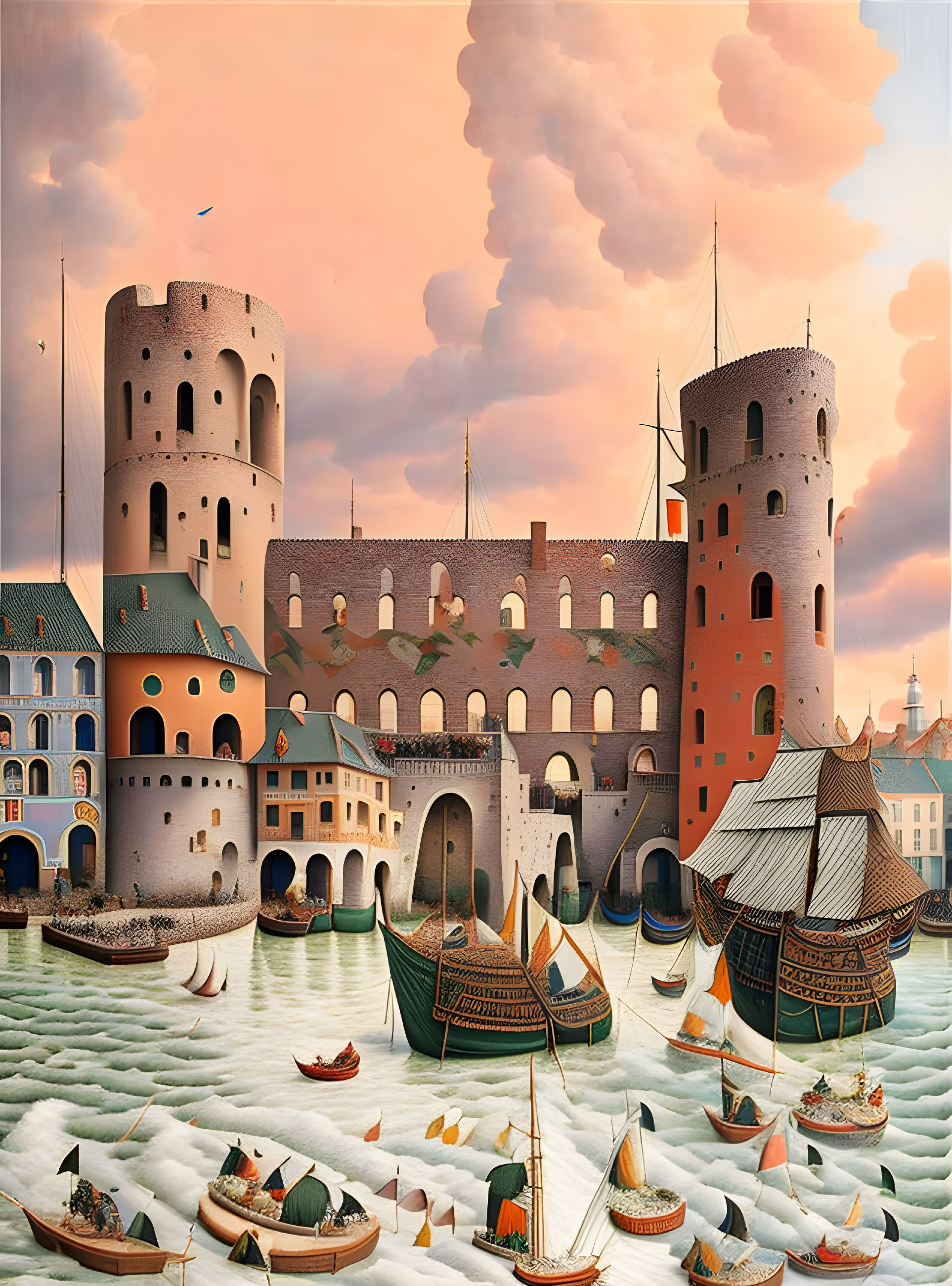 Surreal illustration of castle with towers and boats on water