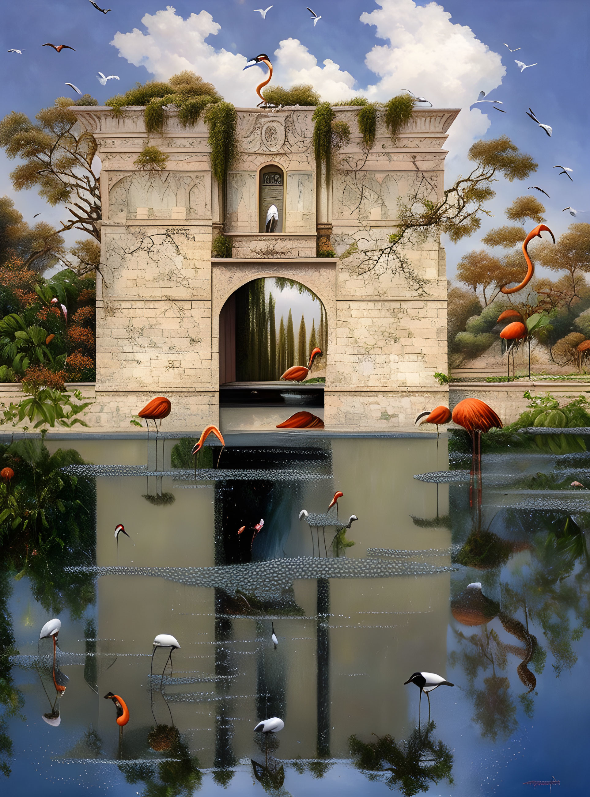 Architecture and nature blend in artwork with flamingos, ancient arch, and surreal upside-down elements.