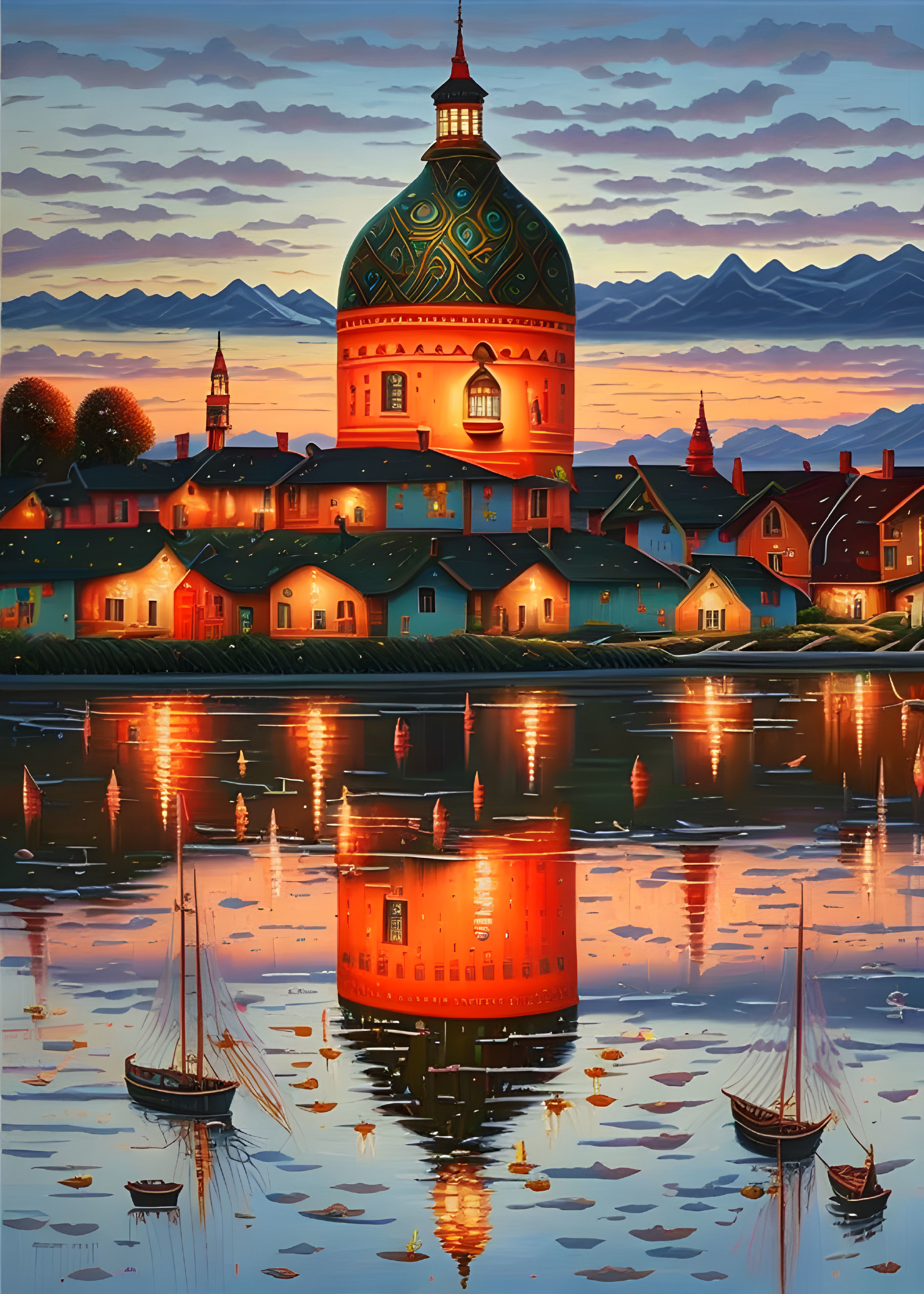 Serene harbor town painting at dusk with sailboats and mountains