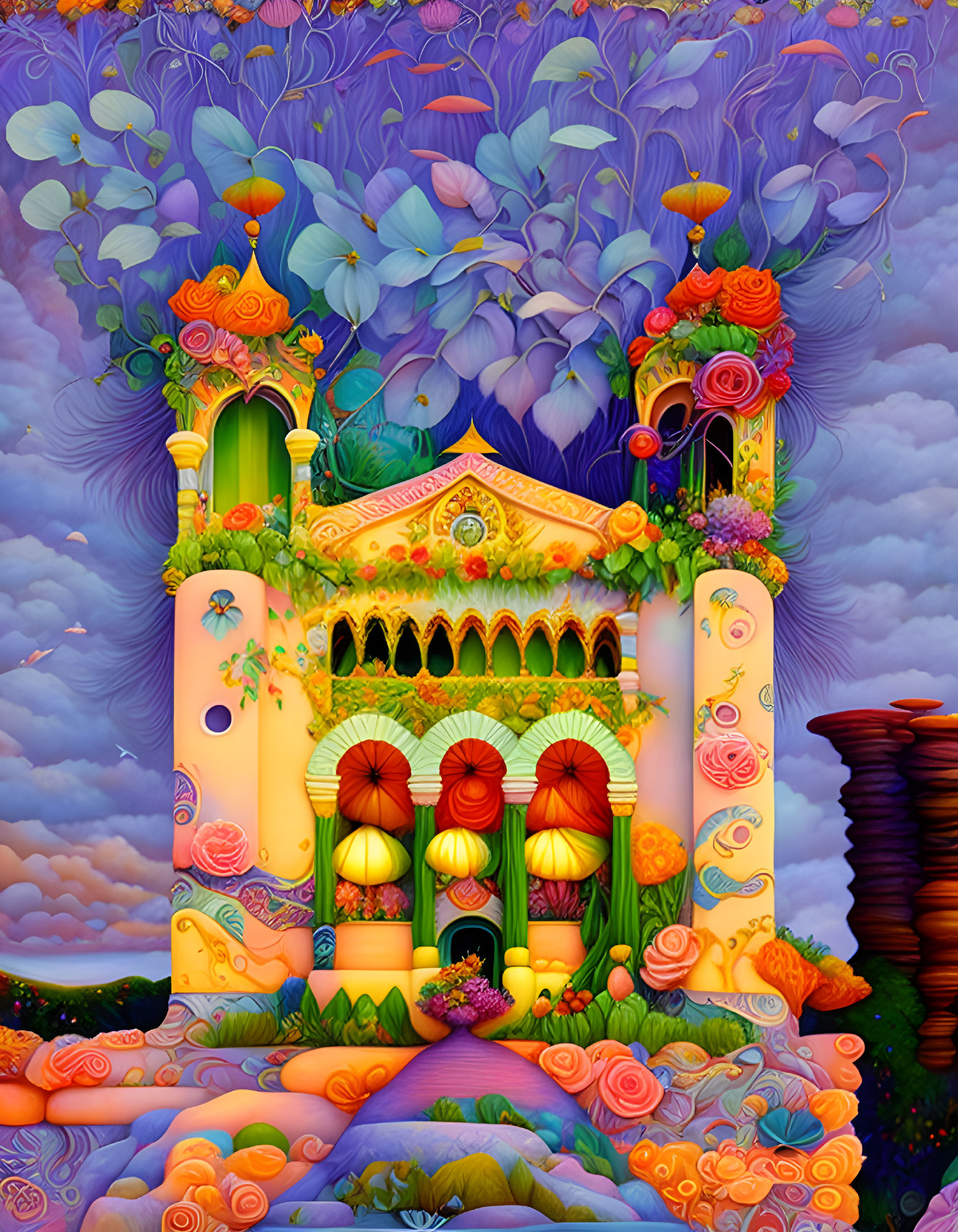 Fantasy castle painting with floral motifs on purple sky