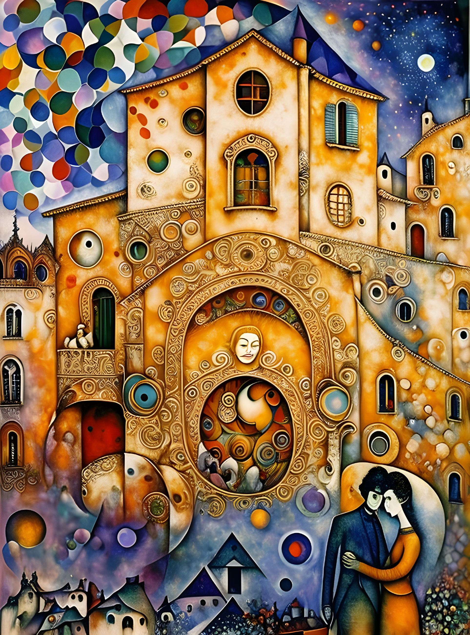 Colorful painting of embracing couple in whimsical setting with spiral patterns and celestial bodies