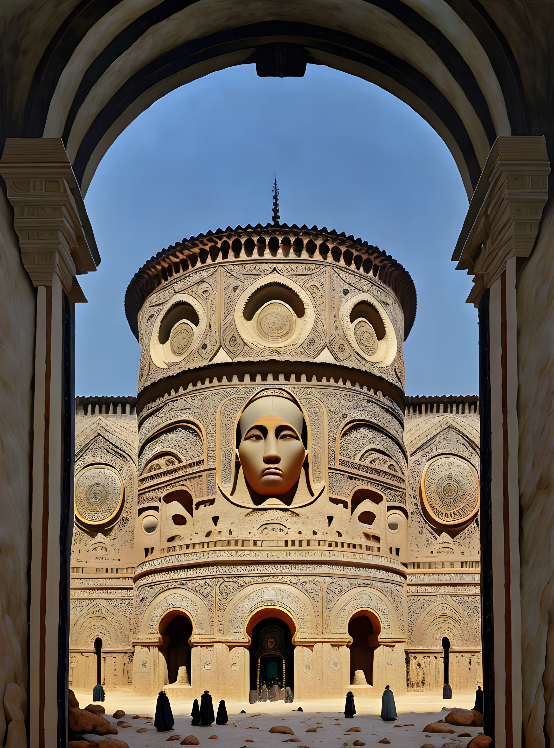 Rounded building with golden face sculpture under clear sky