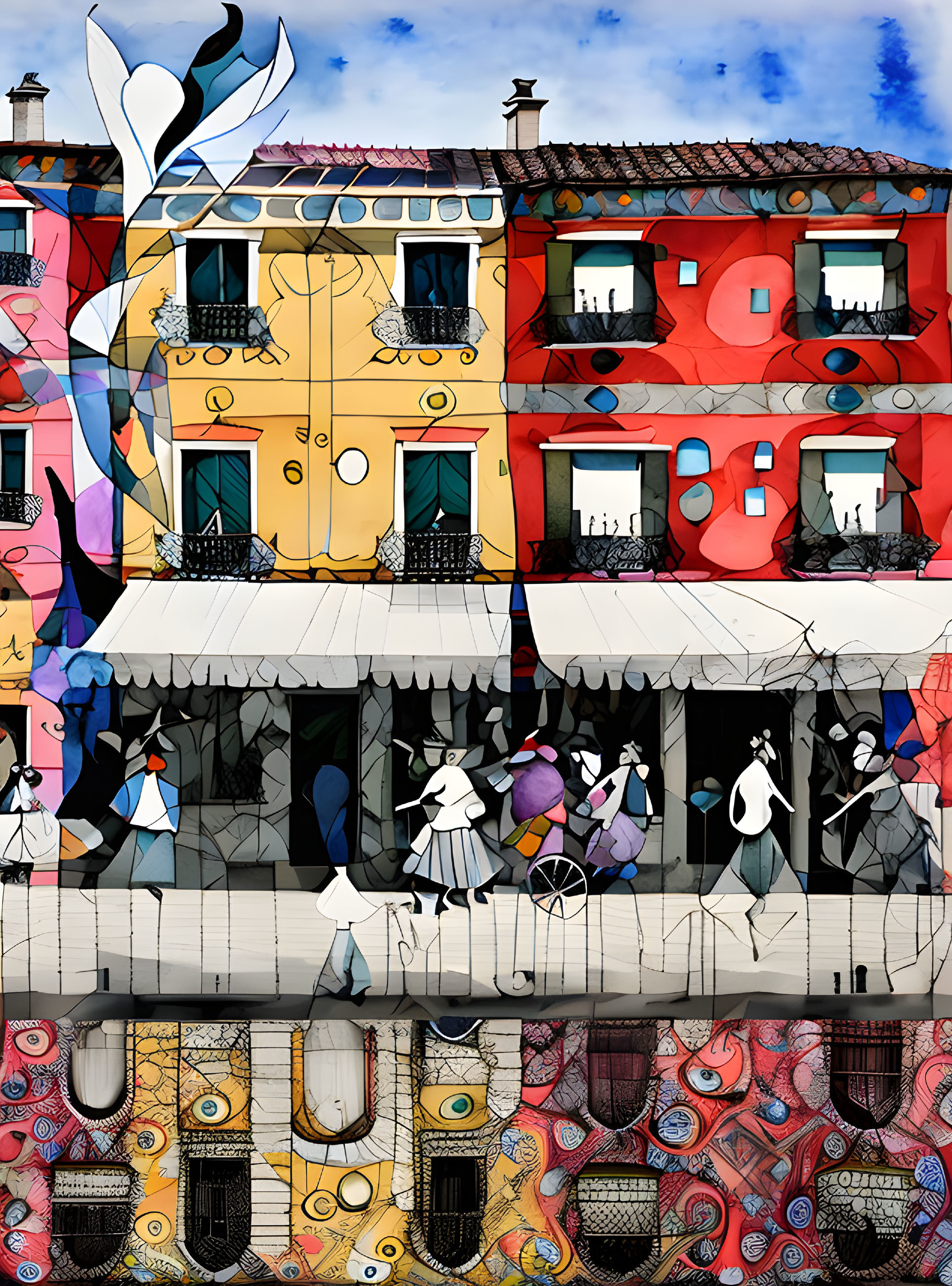 Vibrant street scene illustration with colorful buildings and stylized figures