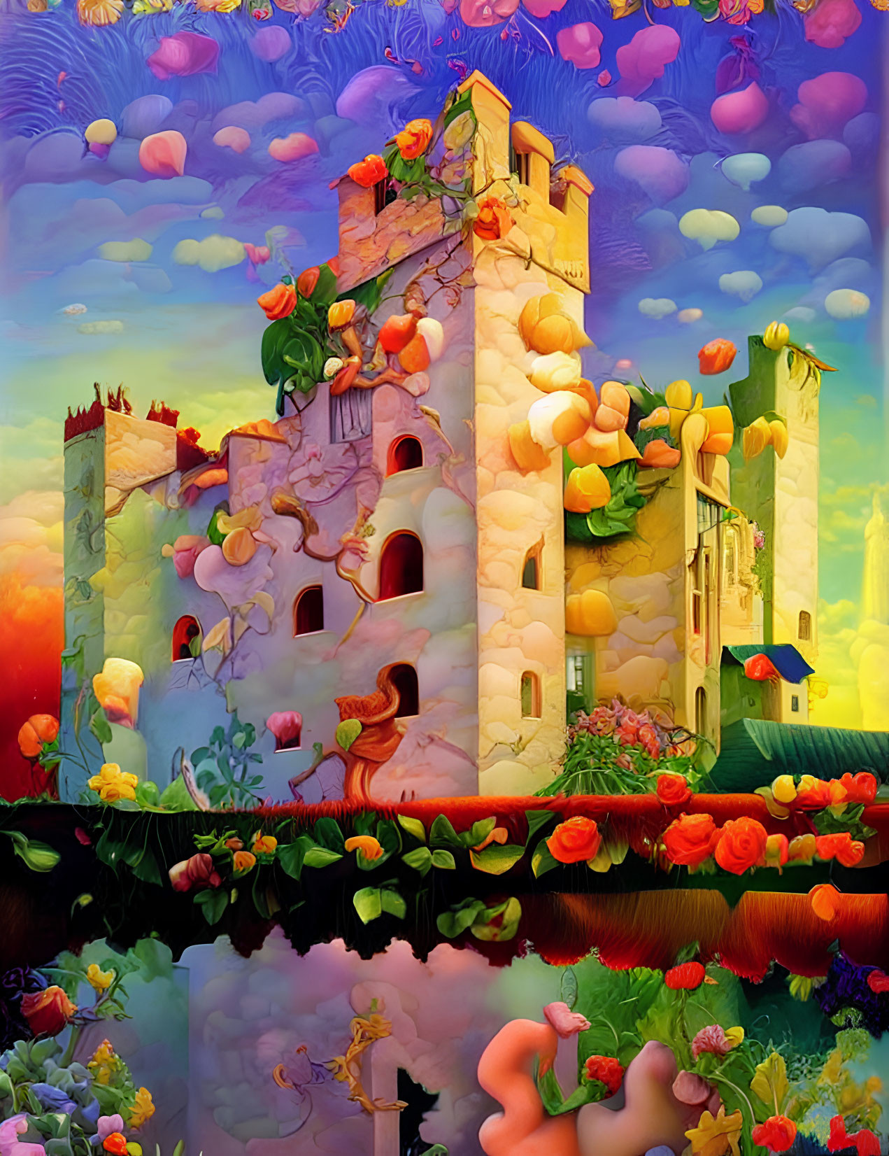 Fantastical castle painting with flora, fauna, and day-to-night sky