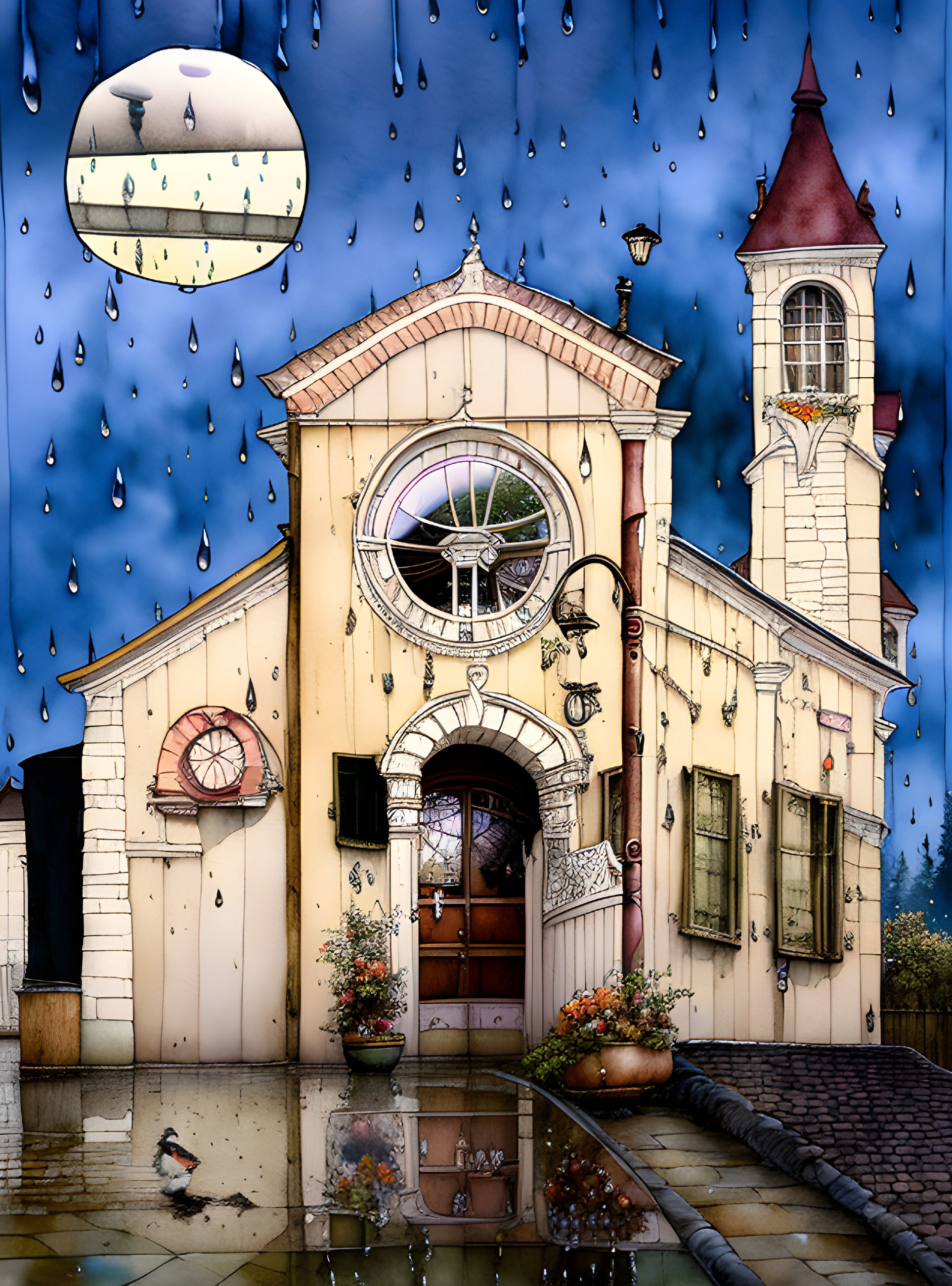 Charming building with clock tower in moonlit raindrop-filled scene