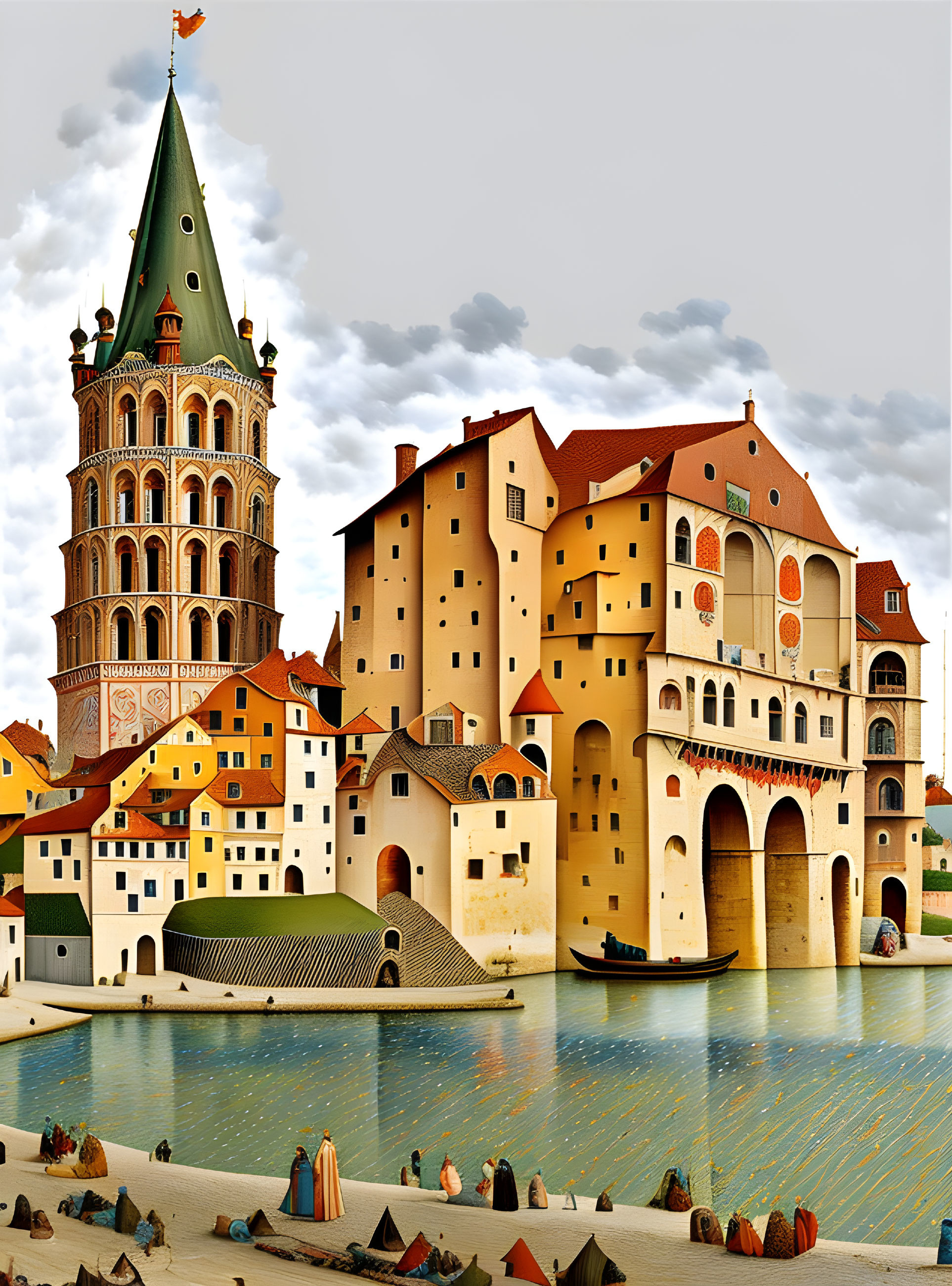 Vibrant illustration of European town with river, tower, quirky buildings.