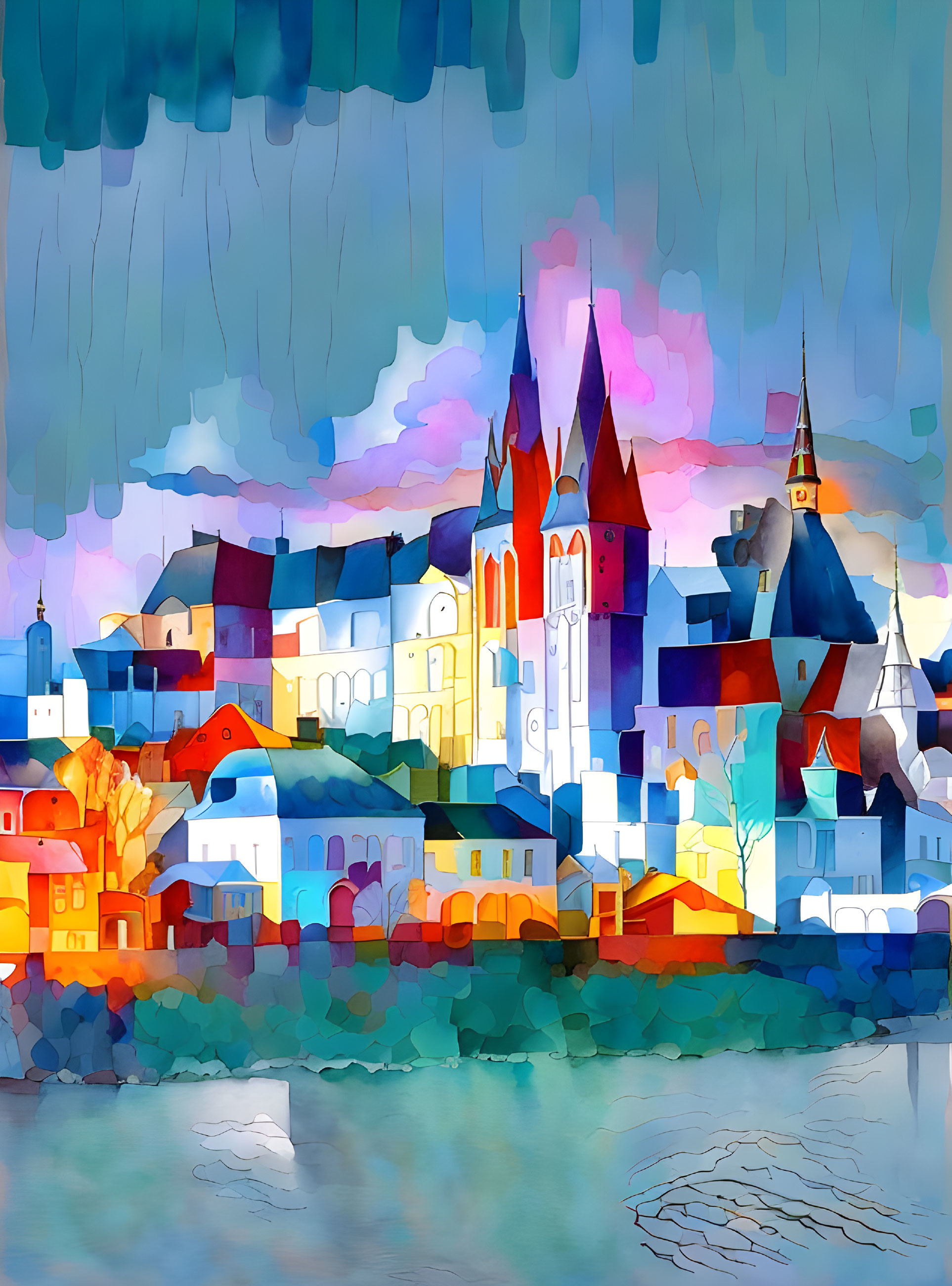 Vibrant European village painting with colorful buildings and churches.