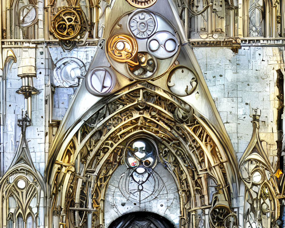 Steampunk cathedral interior with mechanical details and central figure