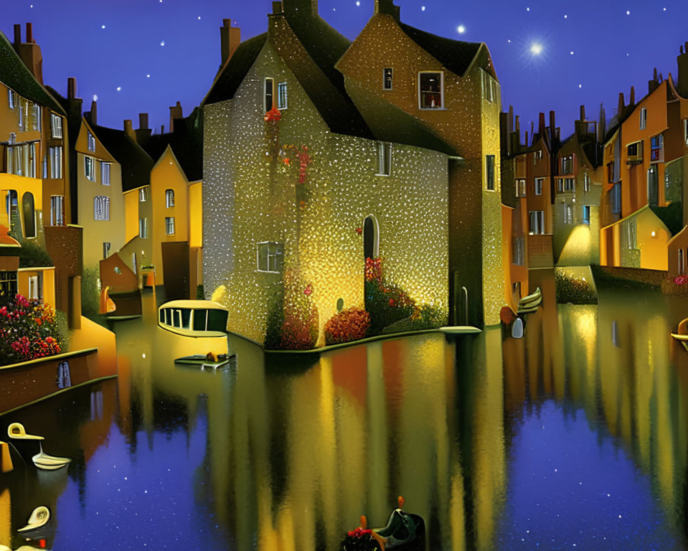 Vibrant riverside village painting with illuminated buildings, boat, moon, and stars.