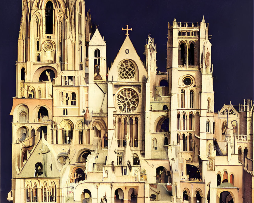 Detailed Gothic cathedral night scene with full moon and bird silhouettes