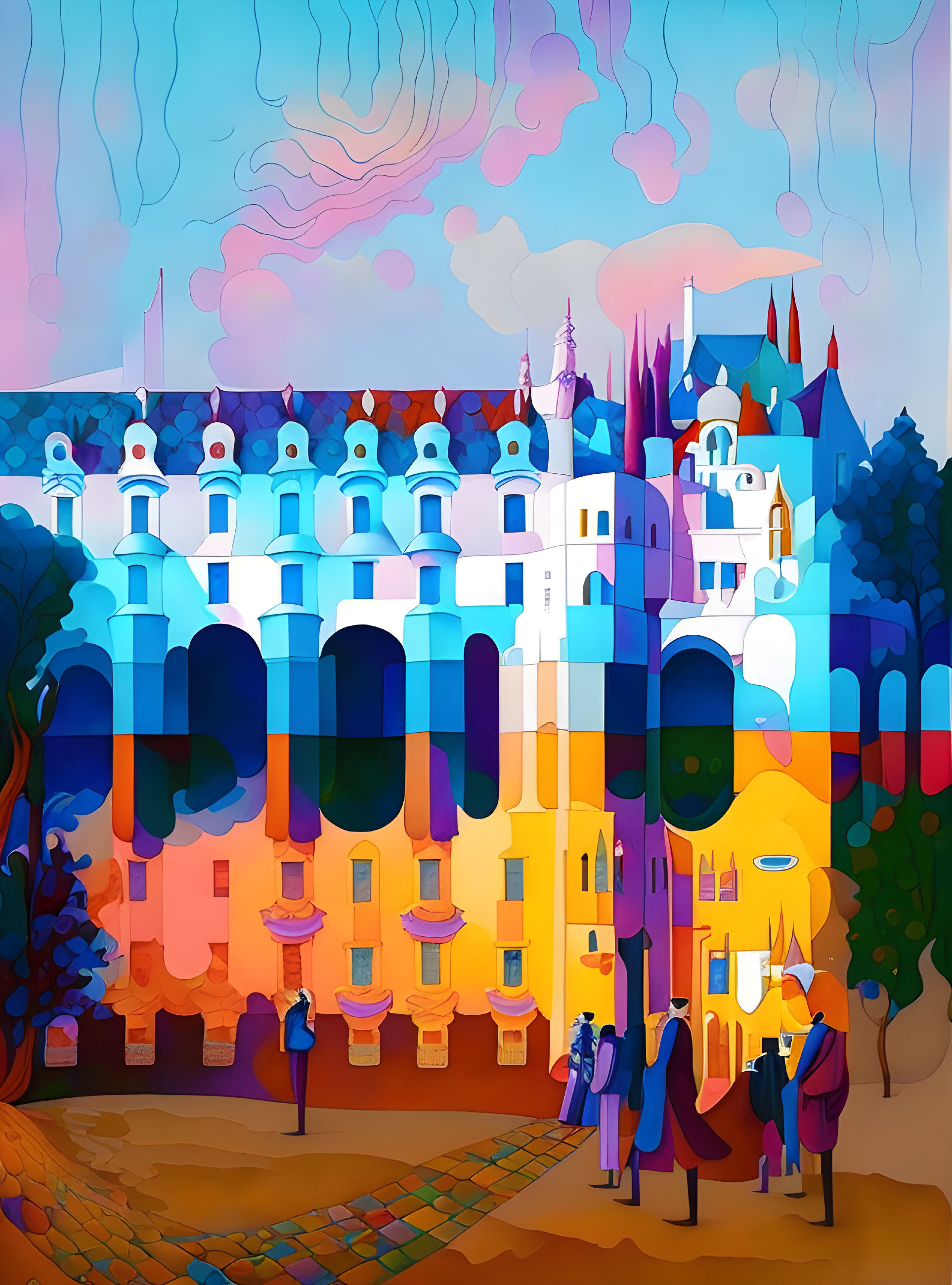 Vibrant townscape painting with unique architecture and swirling sky.