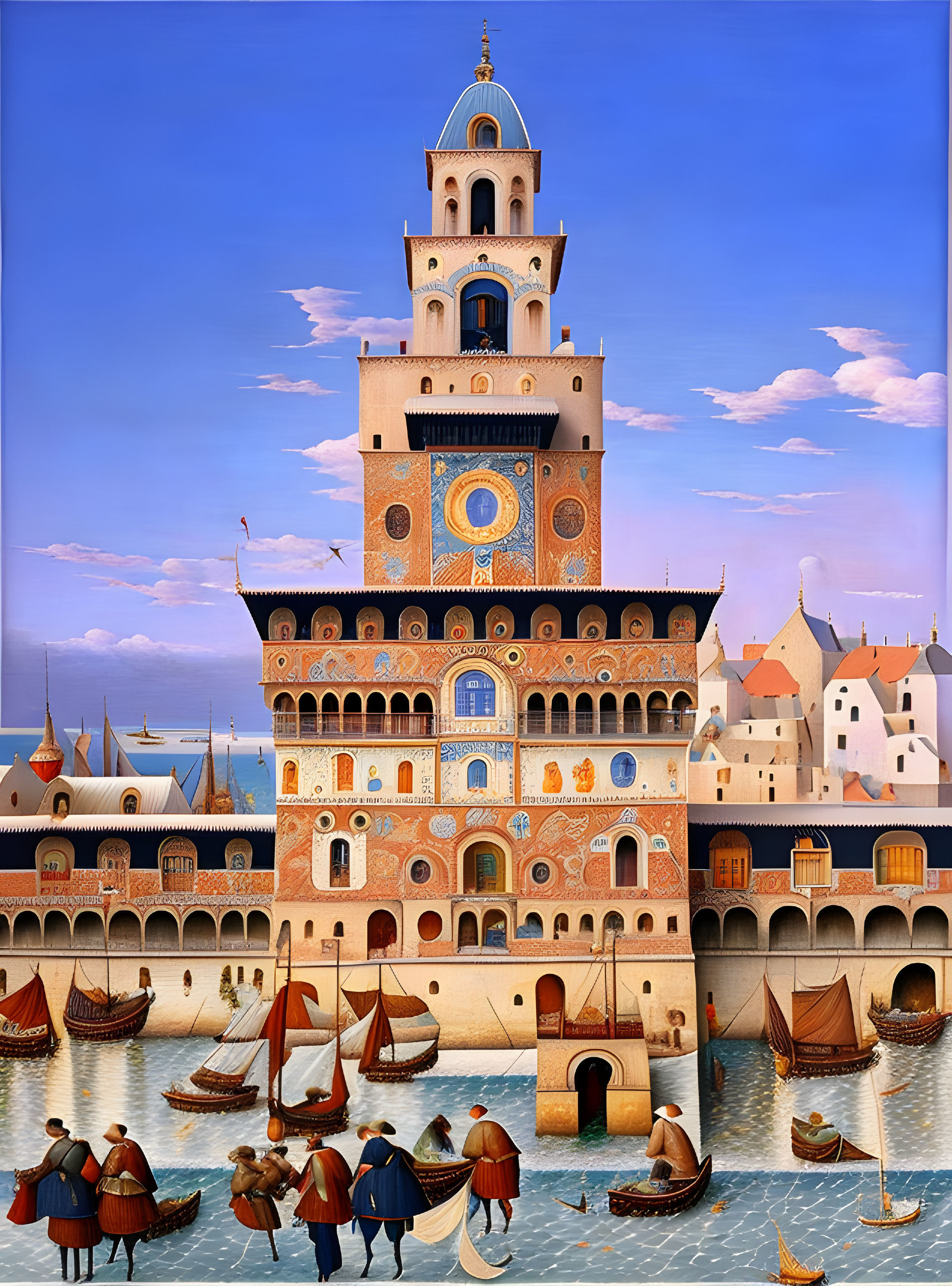 Historical harbor scene with clock tower, period attire people, boats, and arches under blue sky