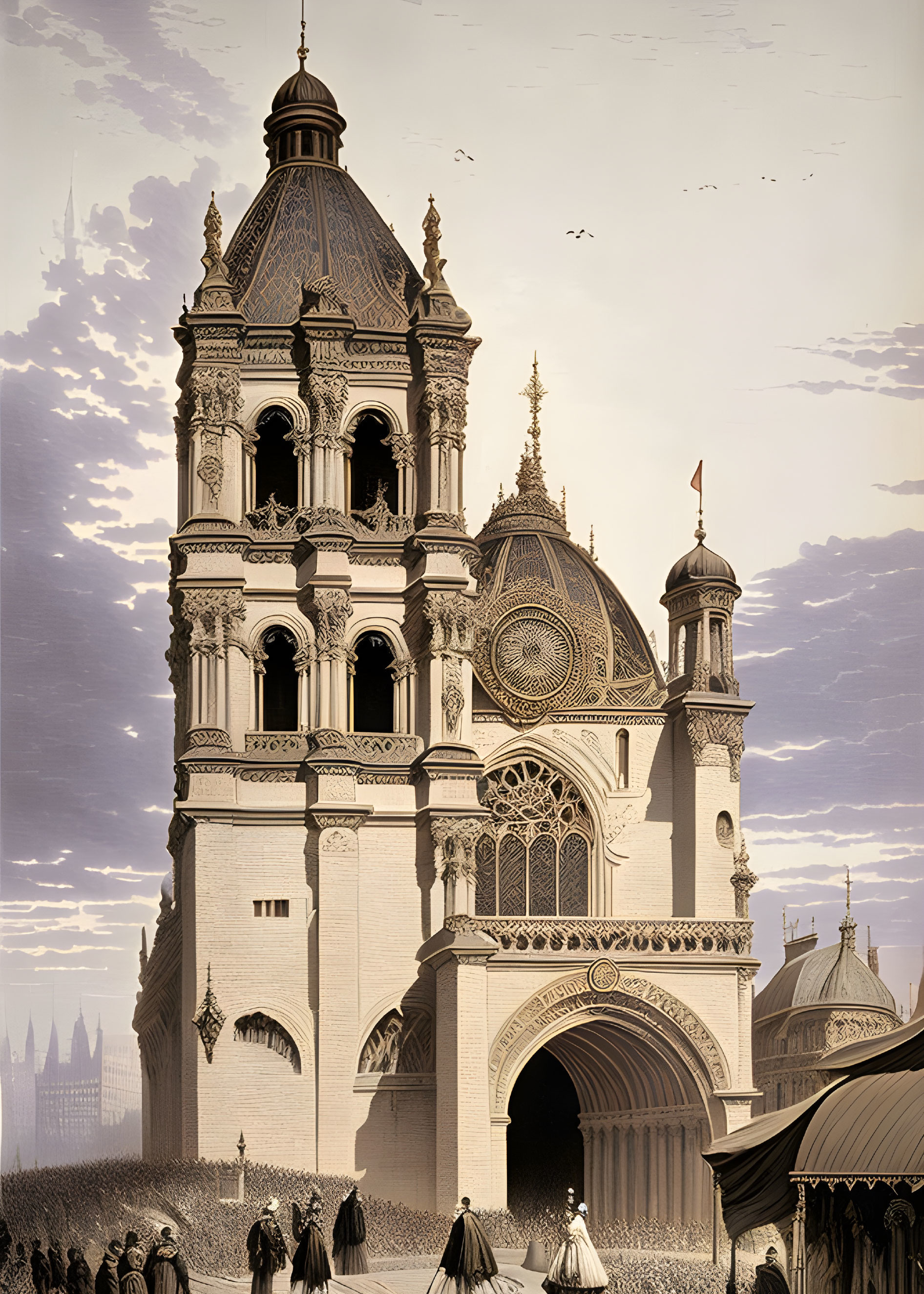 Neoclassical building illustration with ornate towers and people in period attire