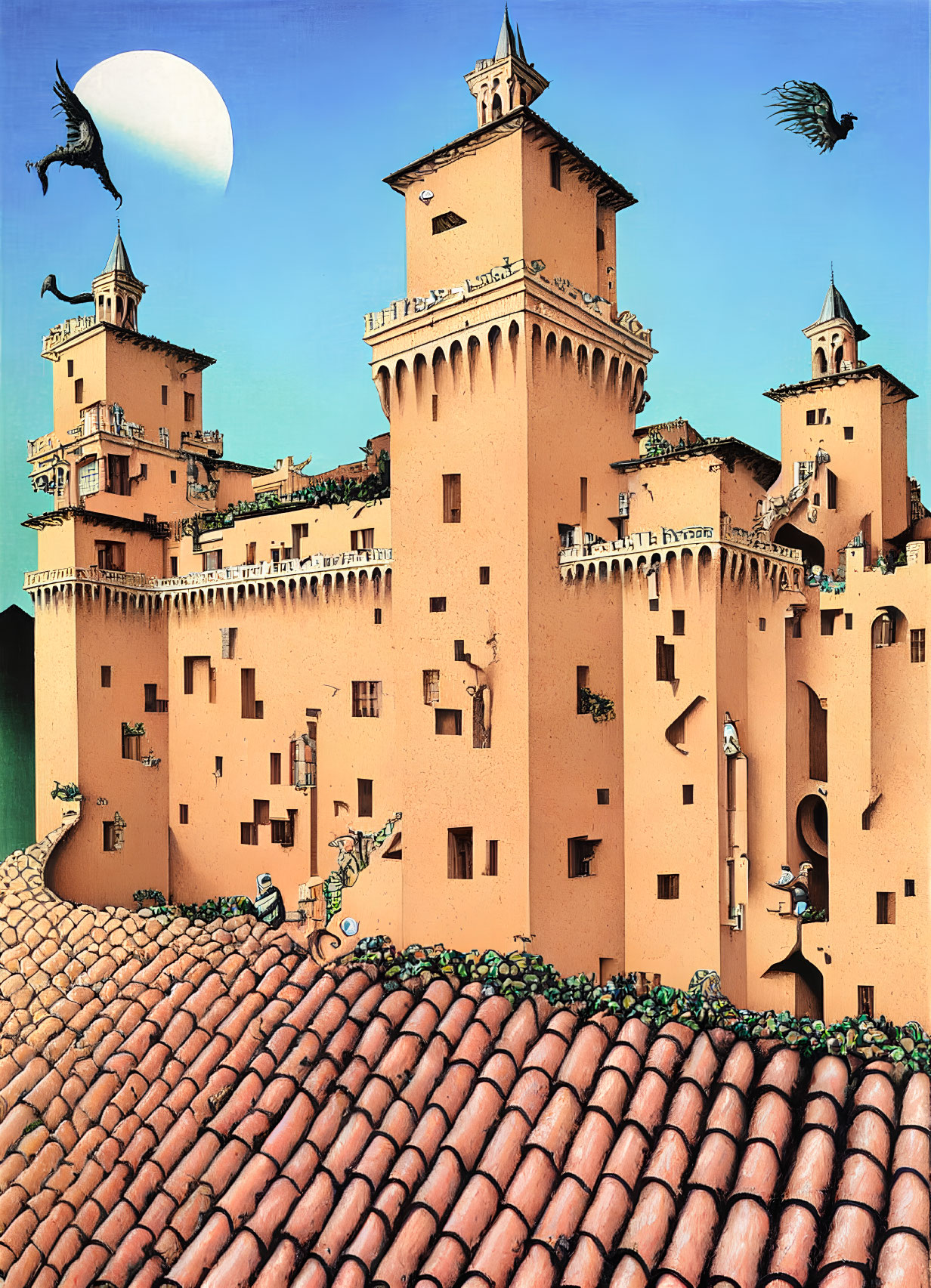 Whimsical castle illustration with distorted perspectives, cats, moon, and birds