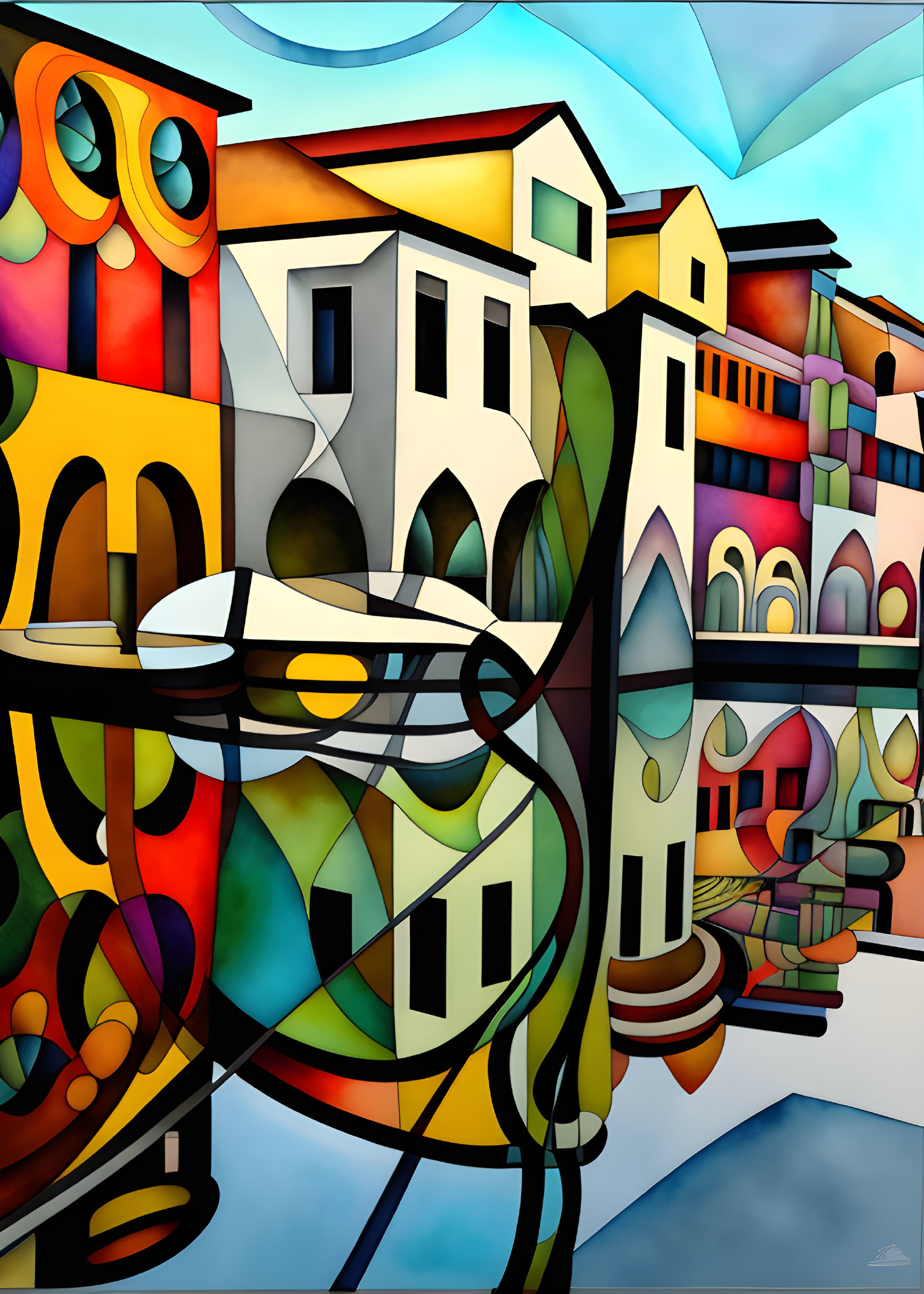 Colorful abstract art: stylized buildings with curved lines in vibrant hues