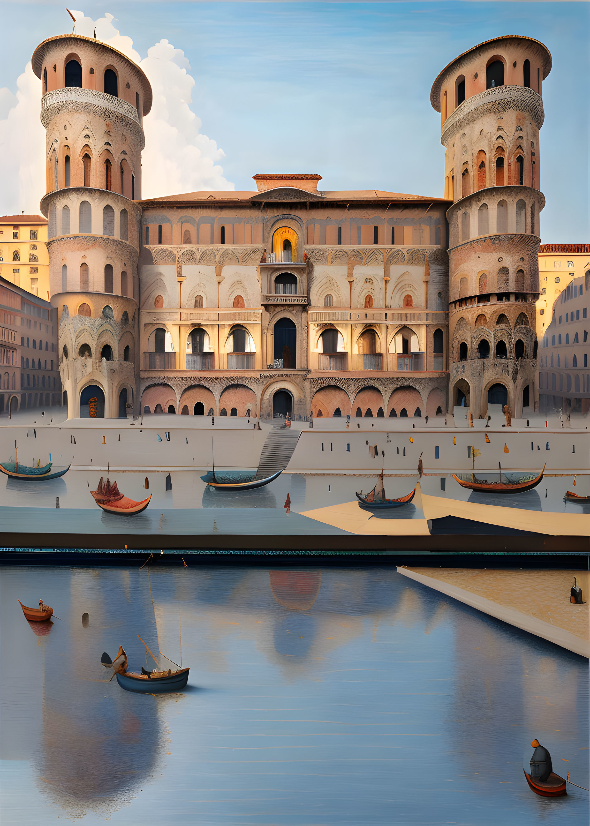 Renaissance-style building with twin towers by calm river and boats