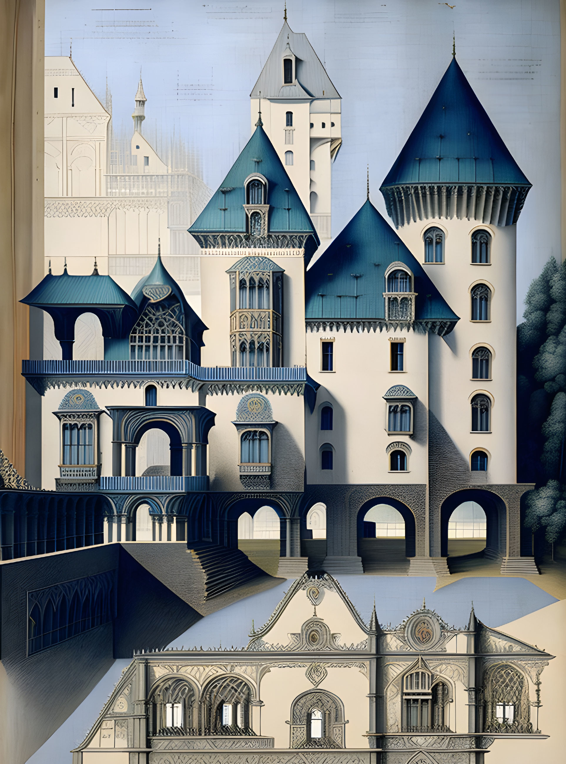 Detailed European-style castle façades on pale background