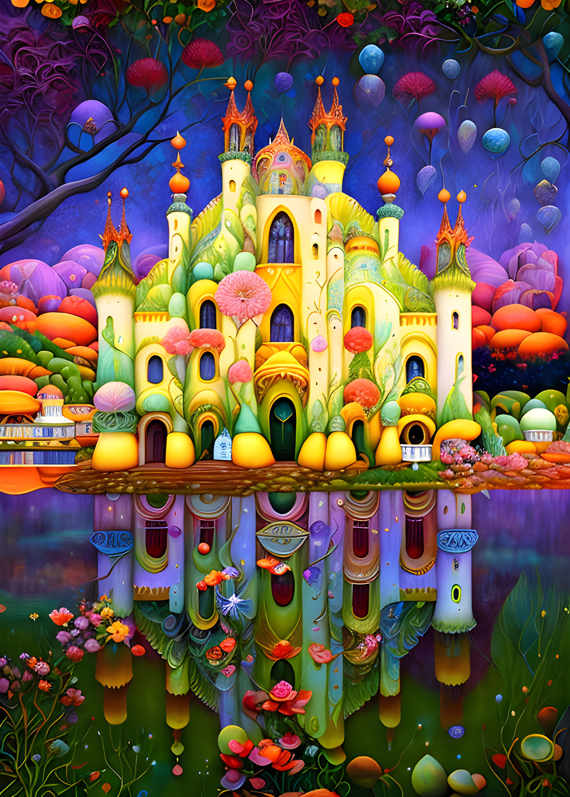 Fantastical castle illustration with vibrant colors and intricate details