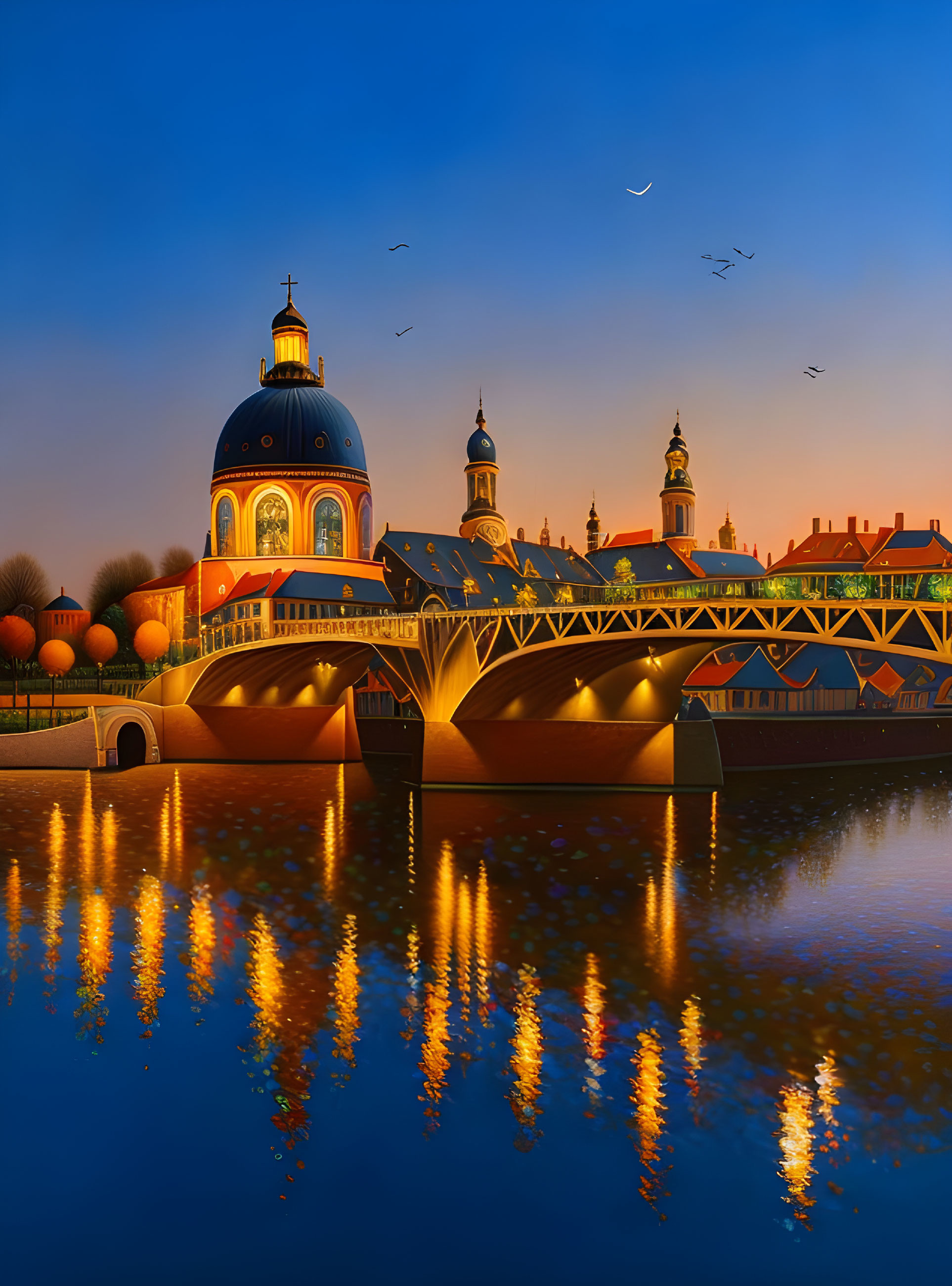 Cityscape at Dusk: Arched Bridge, Reflecting Lights, and Domed Buildings