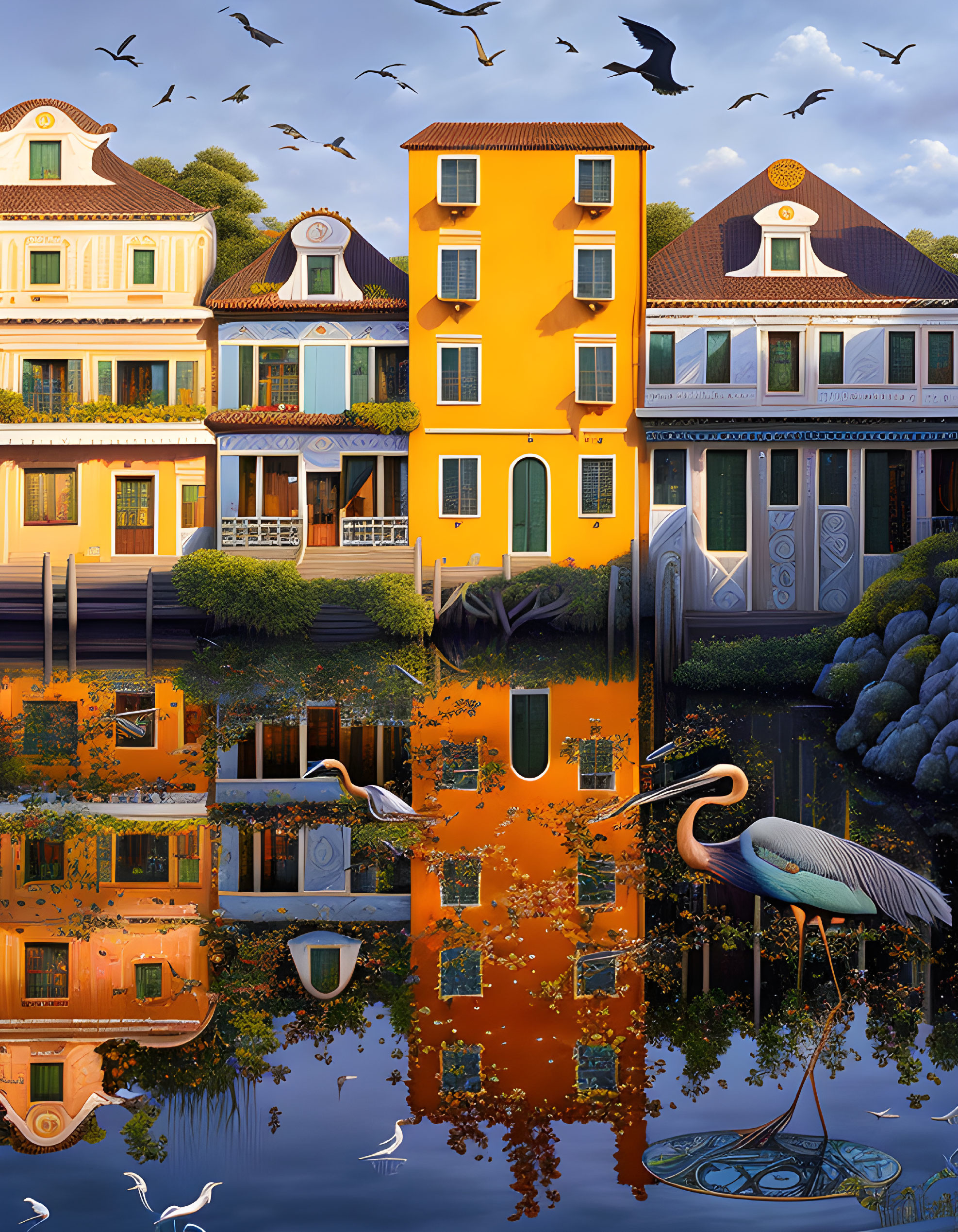 Colorful waterfront illustration with houses, flora, fauna, birds, and heron.