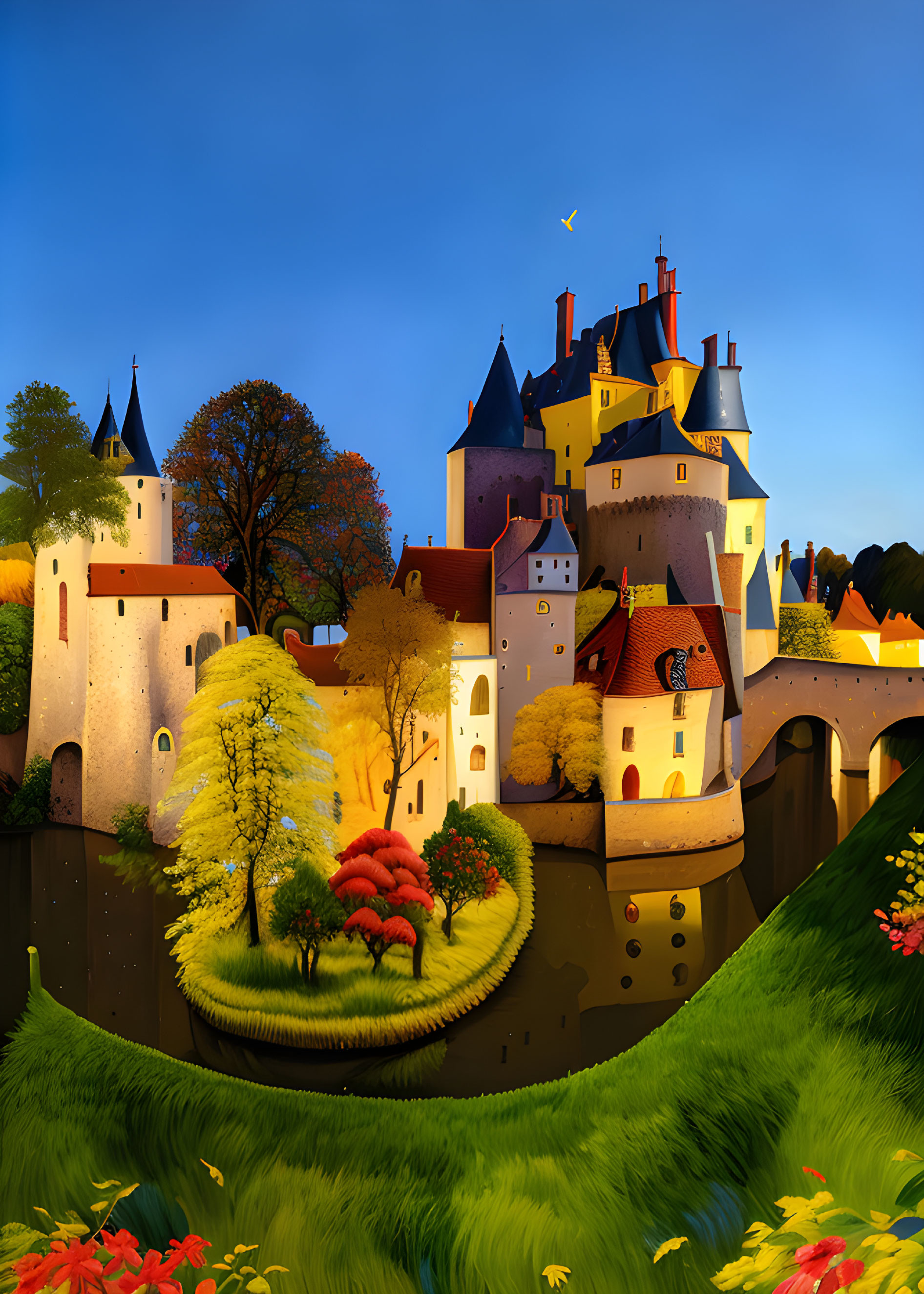 Fairytale castle illustration with spires, red roofs, greenery, and sunset light