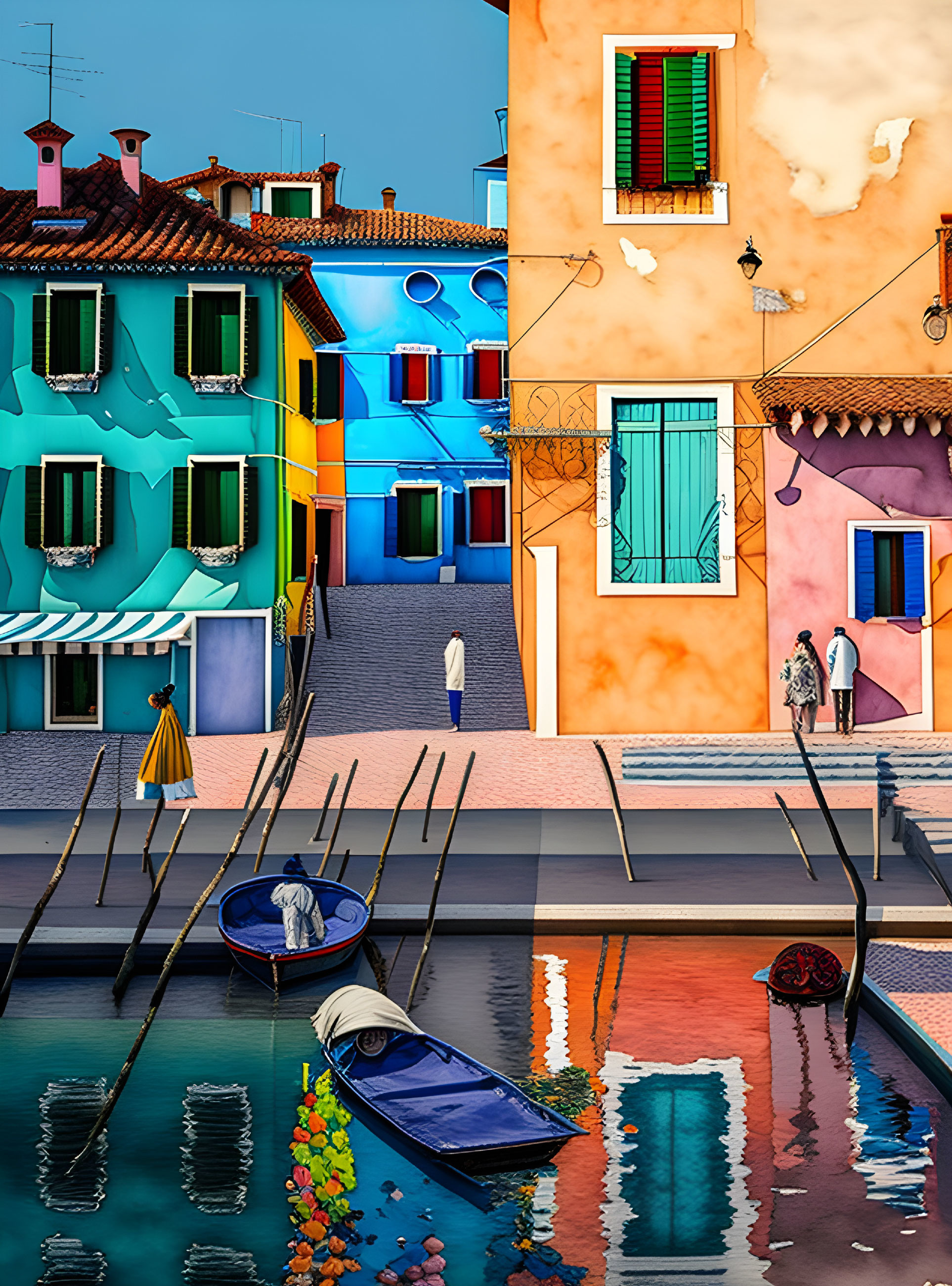 Colorful Canal Scene with Boat, Figure, and Reflections